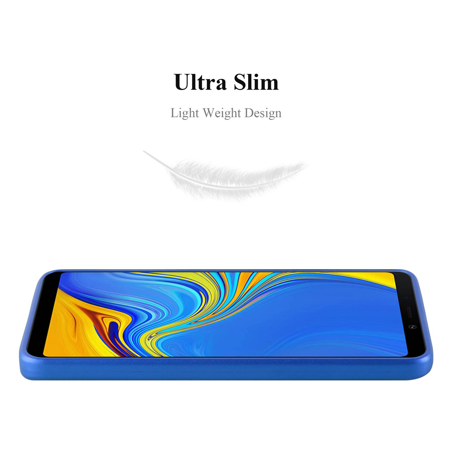 Blaue Handyhülle auf weißem Hintergrund. Text: Ultra Slim, Light Weight Design. Eine Federgrafik befindet sich über dem Telefon.