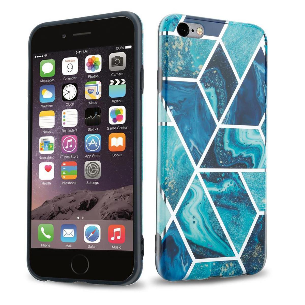 Ein Telefon mit sichtbarem Startbildschirm und einer gemusterten Hülle. Die Hülle hat ein blaues und weißes Design.