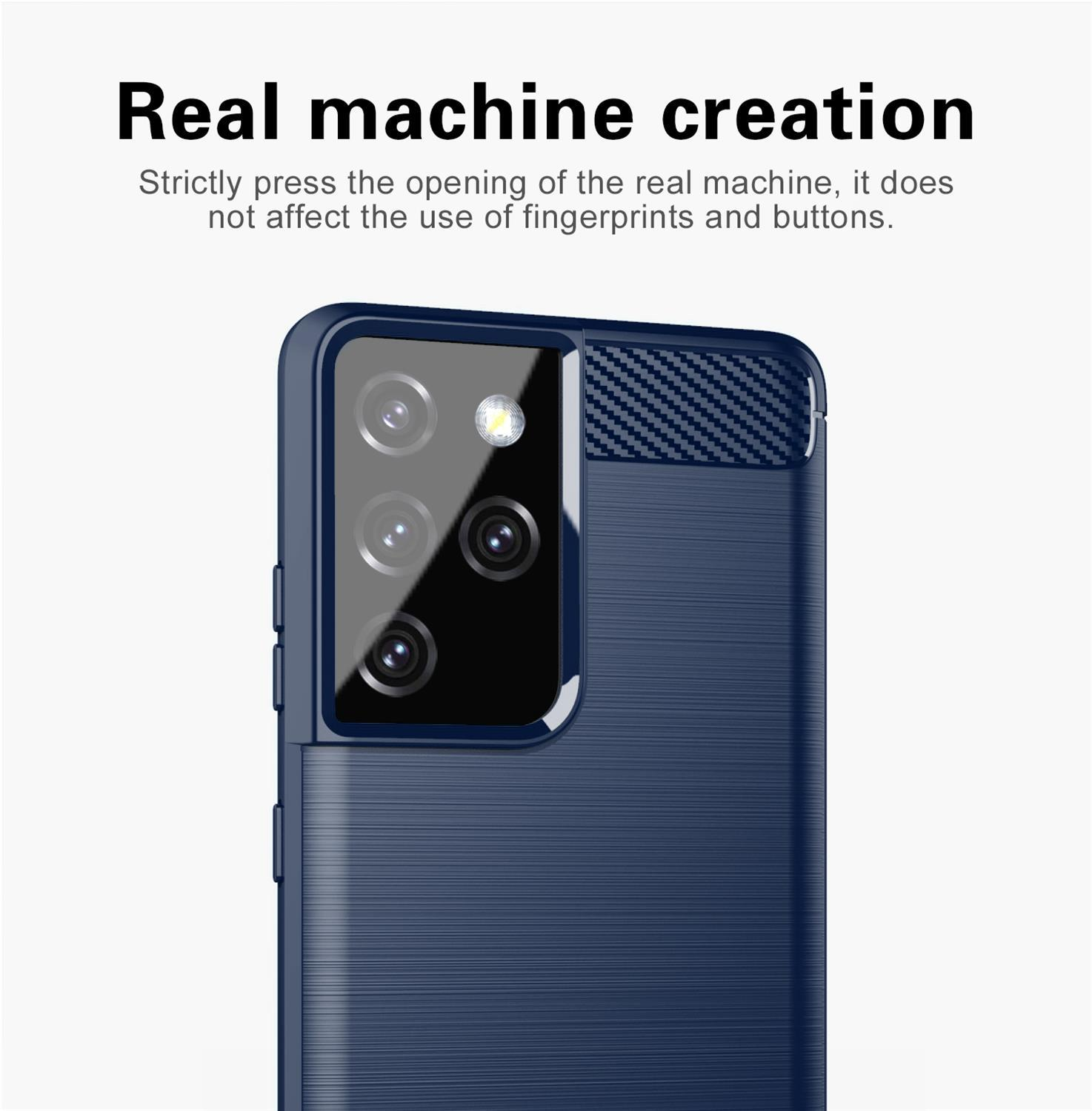 Una custodia blu per telefono con una copertura per la fotocamera. La custodia ha un design strutturato.