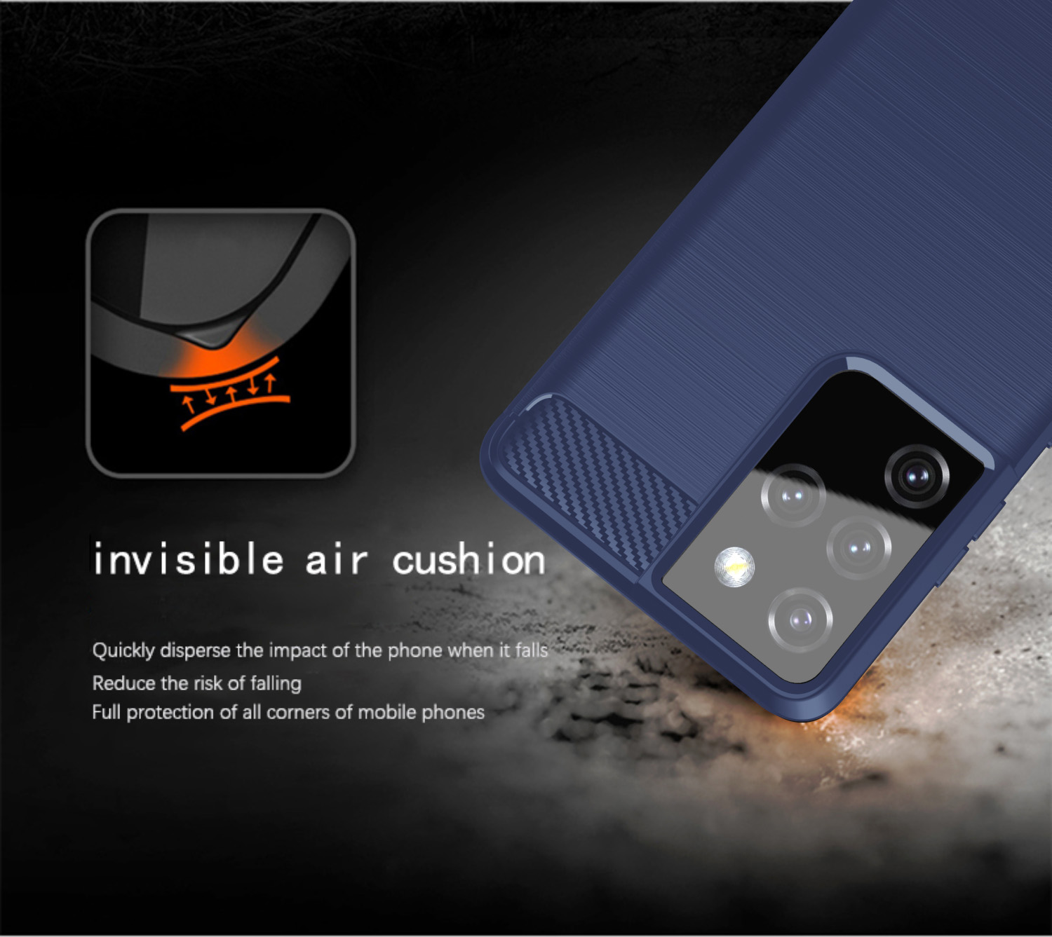 Una custodia per telefono con retro blu strutturato e modulo fotocamera.