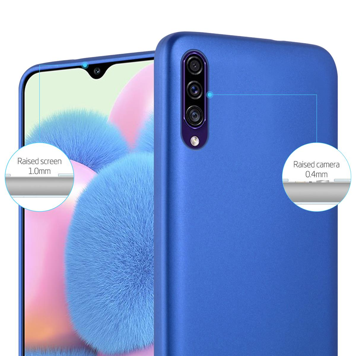 Custodia blu per telefono con dettaglio della fotocamera, con protezione schermo e fotocamera rialzata.