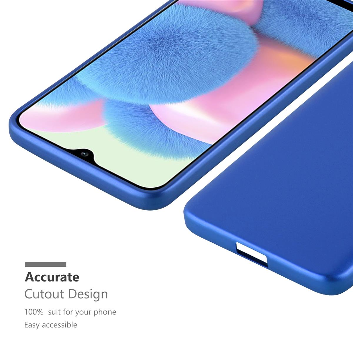 Una custodia blu per telefono, con telefono dentro, primo piano che mostra i dettagli.