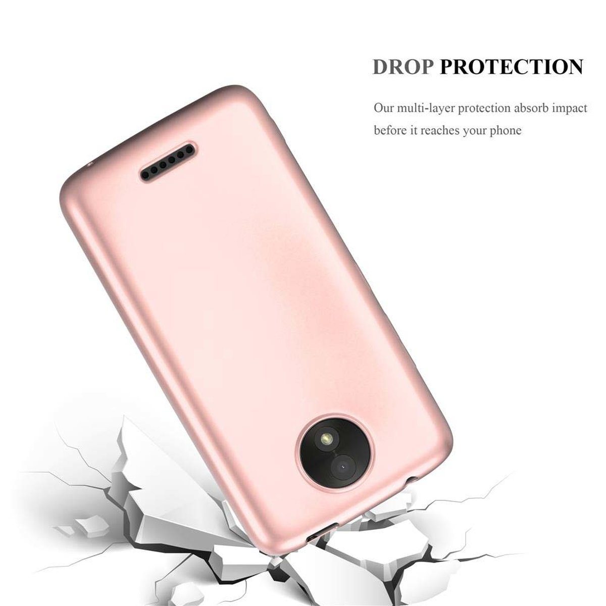 Custodia per telefono rosa che cade su cemento incrinato. La custodia protegge il telefono.