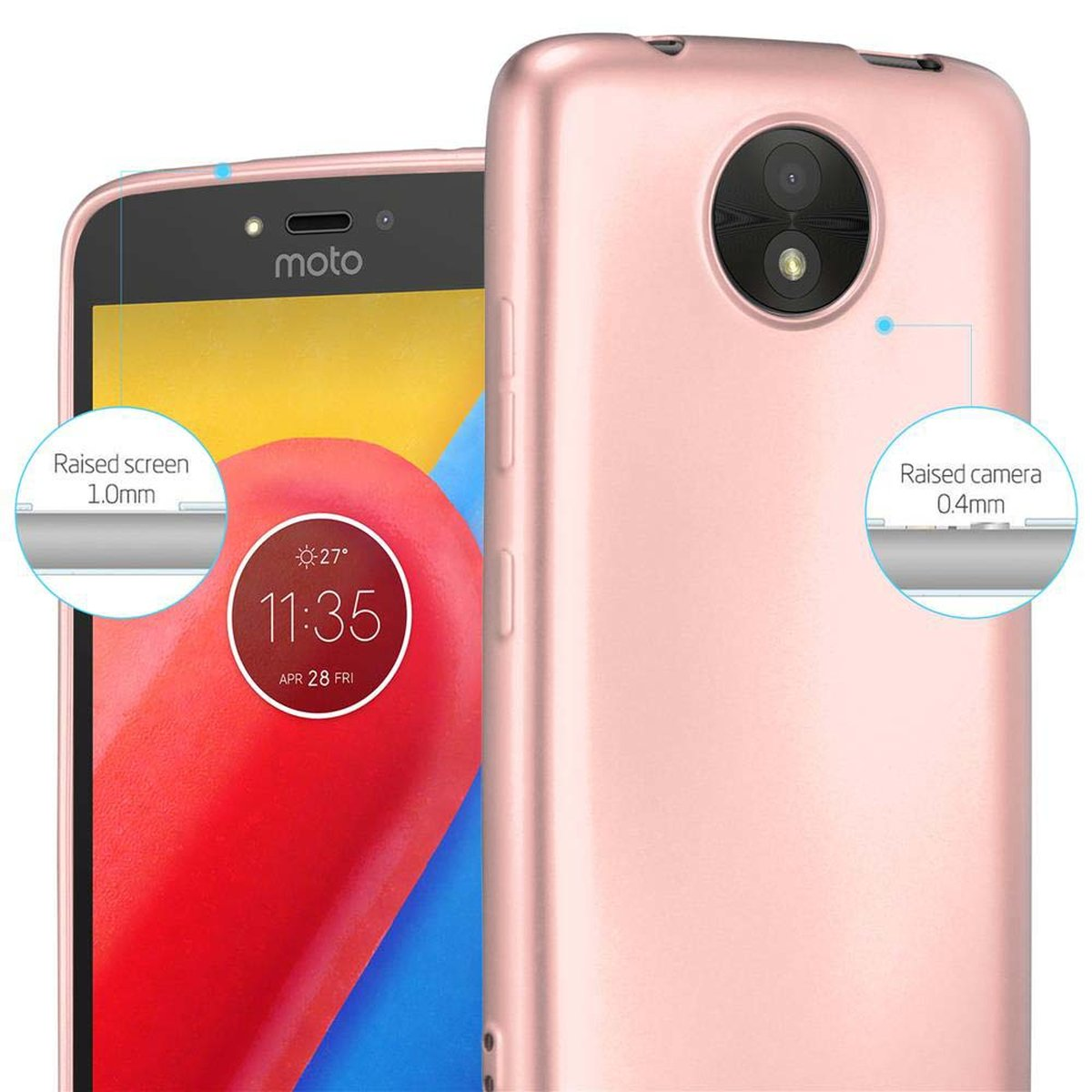 Custodia rosa attorno a un telefono. Protezione schermo e fotocamera rialzate. Il telefono è rosso.