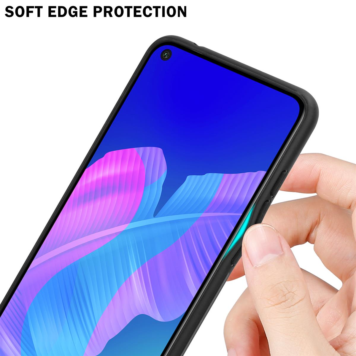 Mano che tiene un telefono con una custodia nera. Il telefono ha uno schermo blu con un motivo floreale.