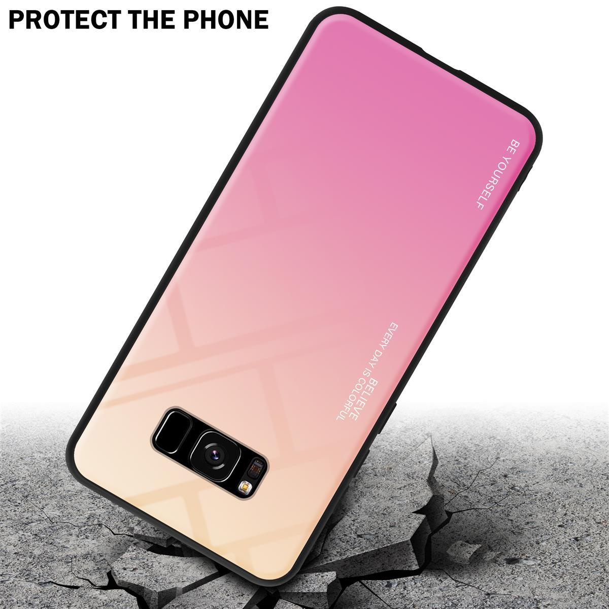Custodia per telefono con gradiente rosa-giallo, su cemento crepato.