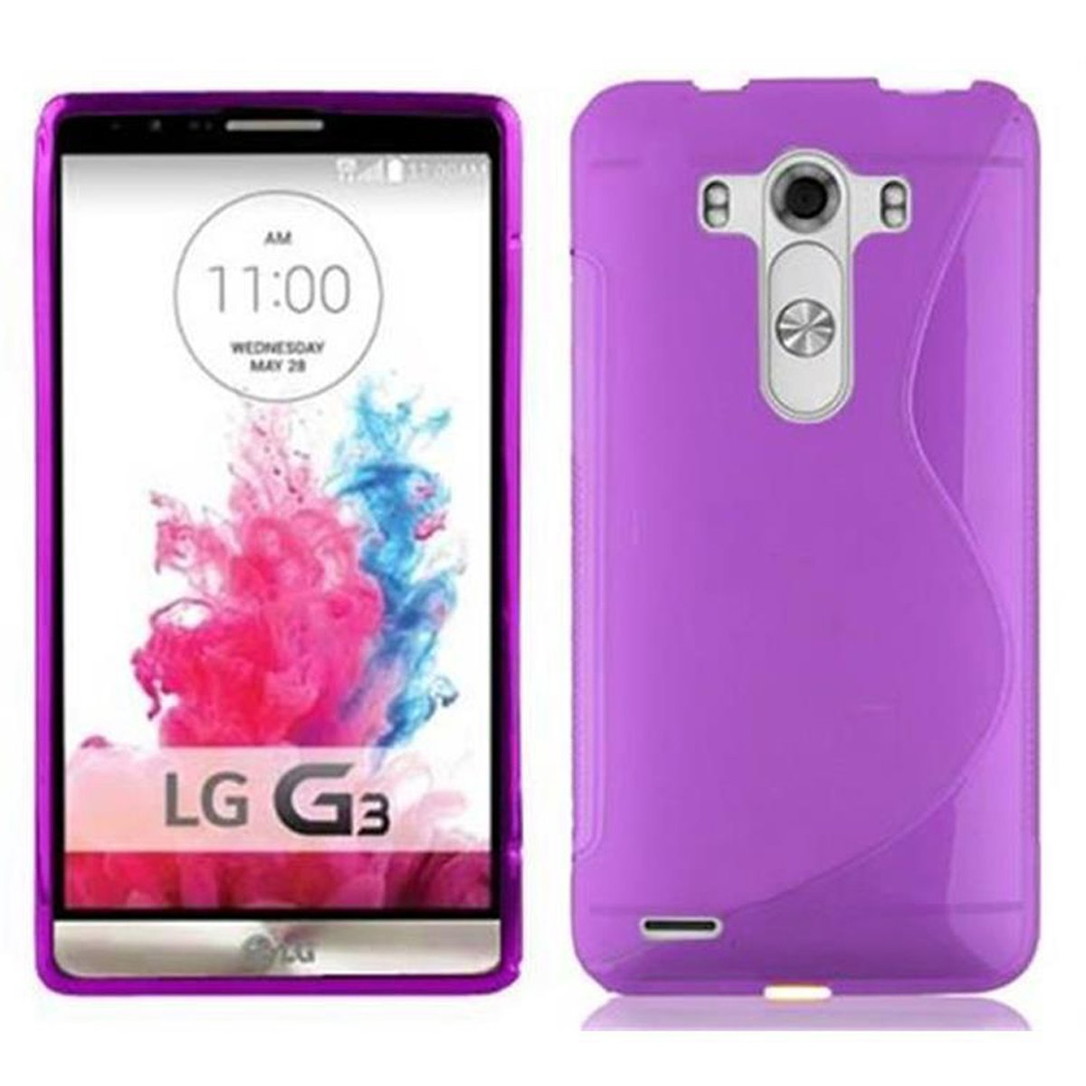Funda morada para teléfono con LG G3. La pantalla muestra la hora y aplicaciones. Parte trasera transparente.