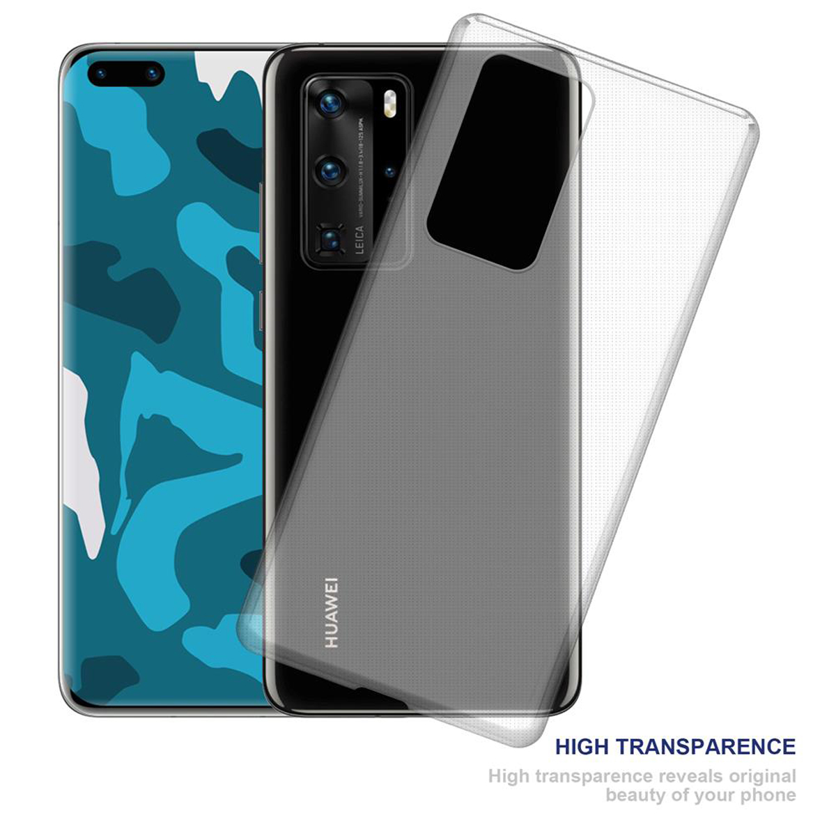 Drei Telefone. Eines mit Tarnmuster, eines mit schwarzer Rückseite und eine transparente Handyhülle.