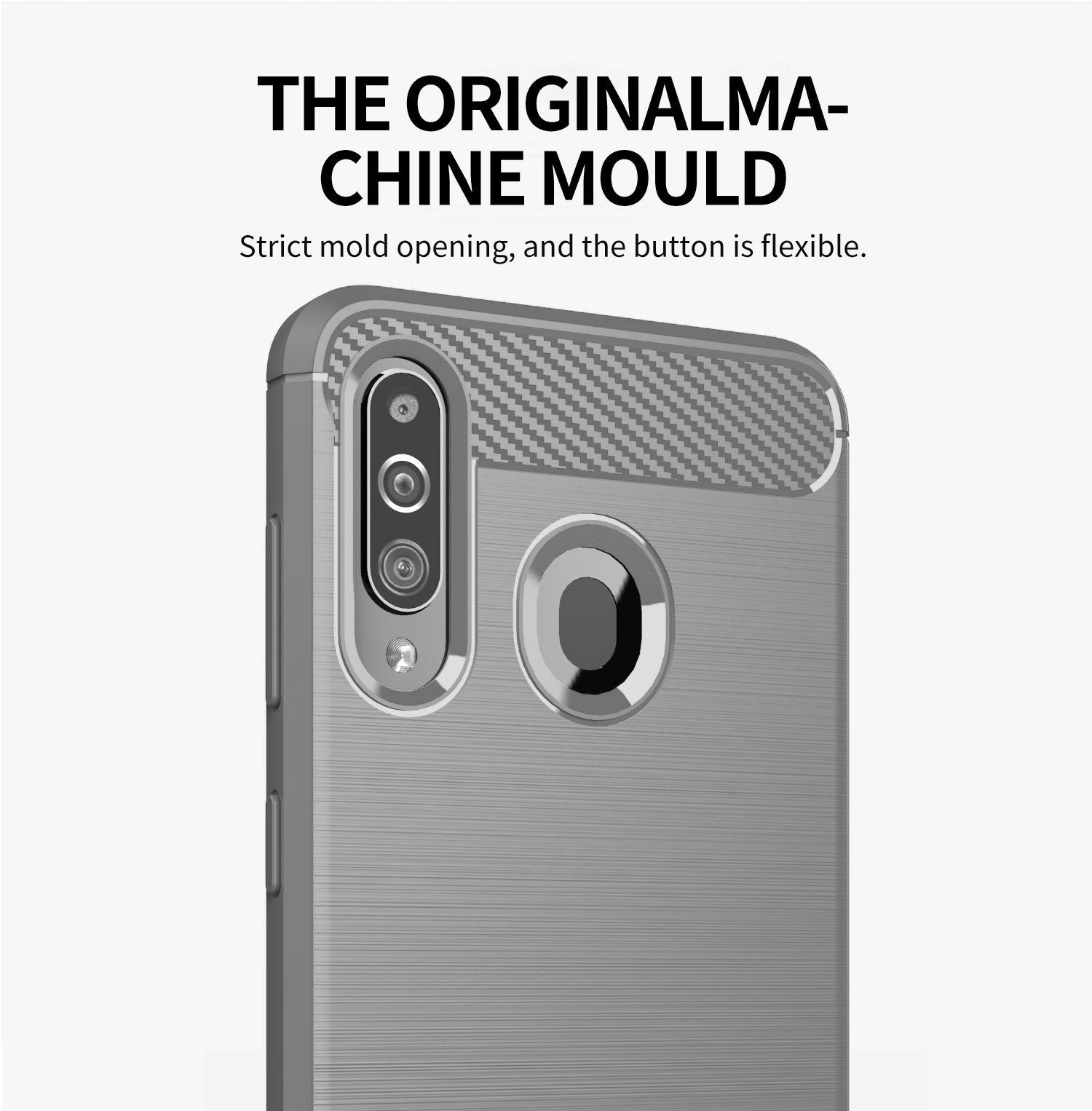 Primo piano di una custodia per telefono con un design strutturato, con il testo: "THE ORIGINAL MACHINE MOULD".