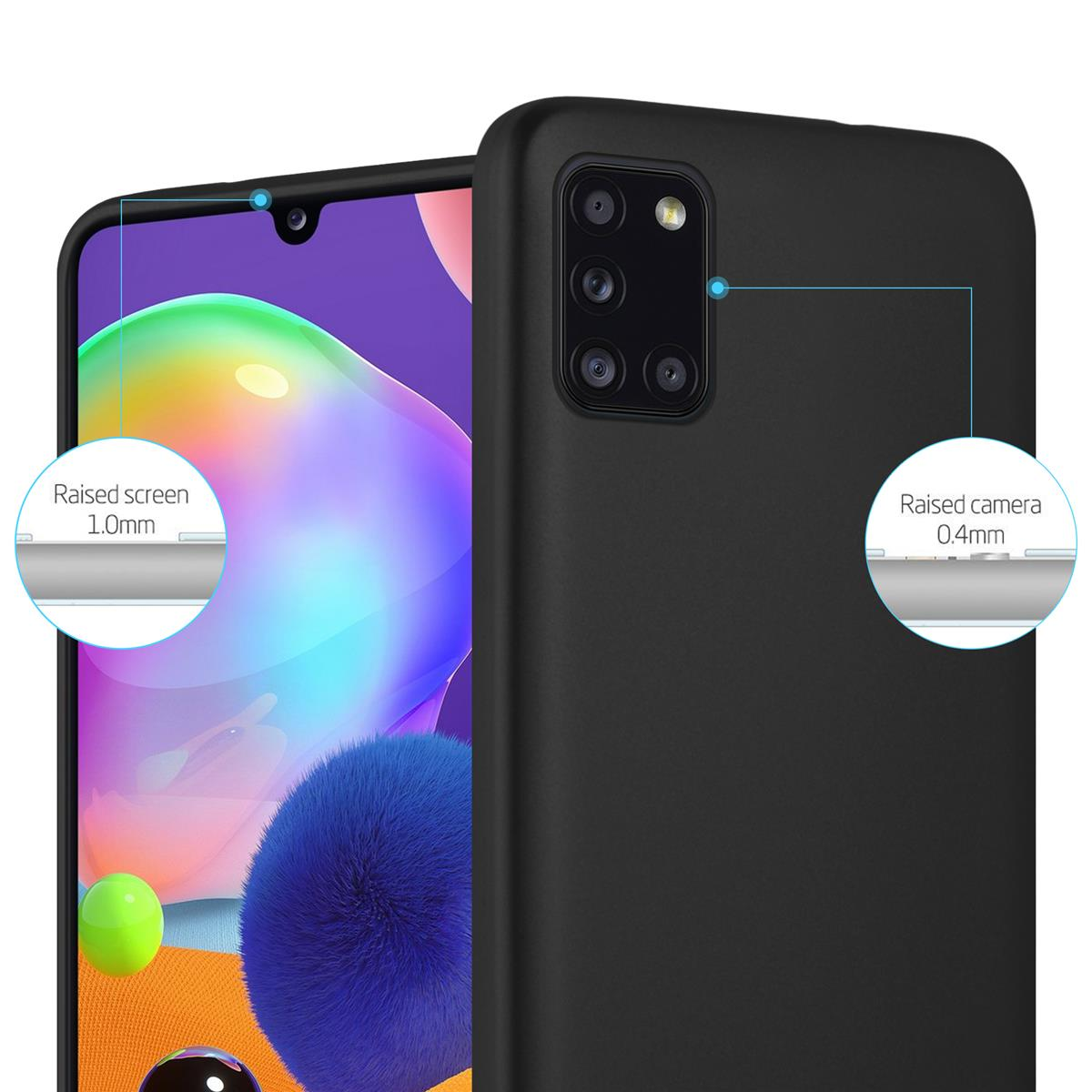 Custodia per telefono nera con bordi rialzati per schermo e fotocamera. Il telefono è nella custodia.