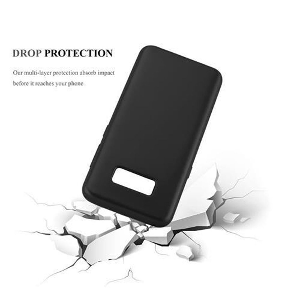 Custodia nera per telefono su superficie bianca, che mostra il design di protezione dalle cadute.