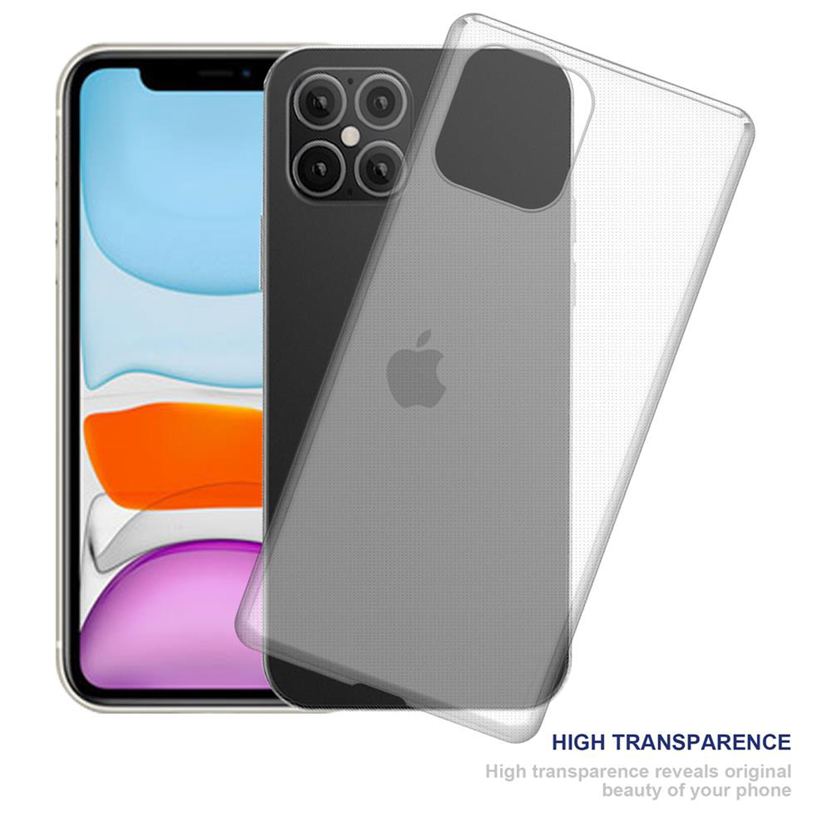 Transparente Handyhülle. Das Telefon befindet sich in der Hülle, transparente Hülle sichtbar.
