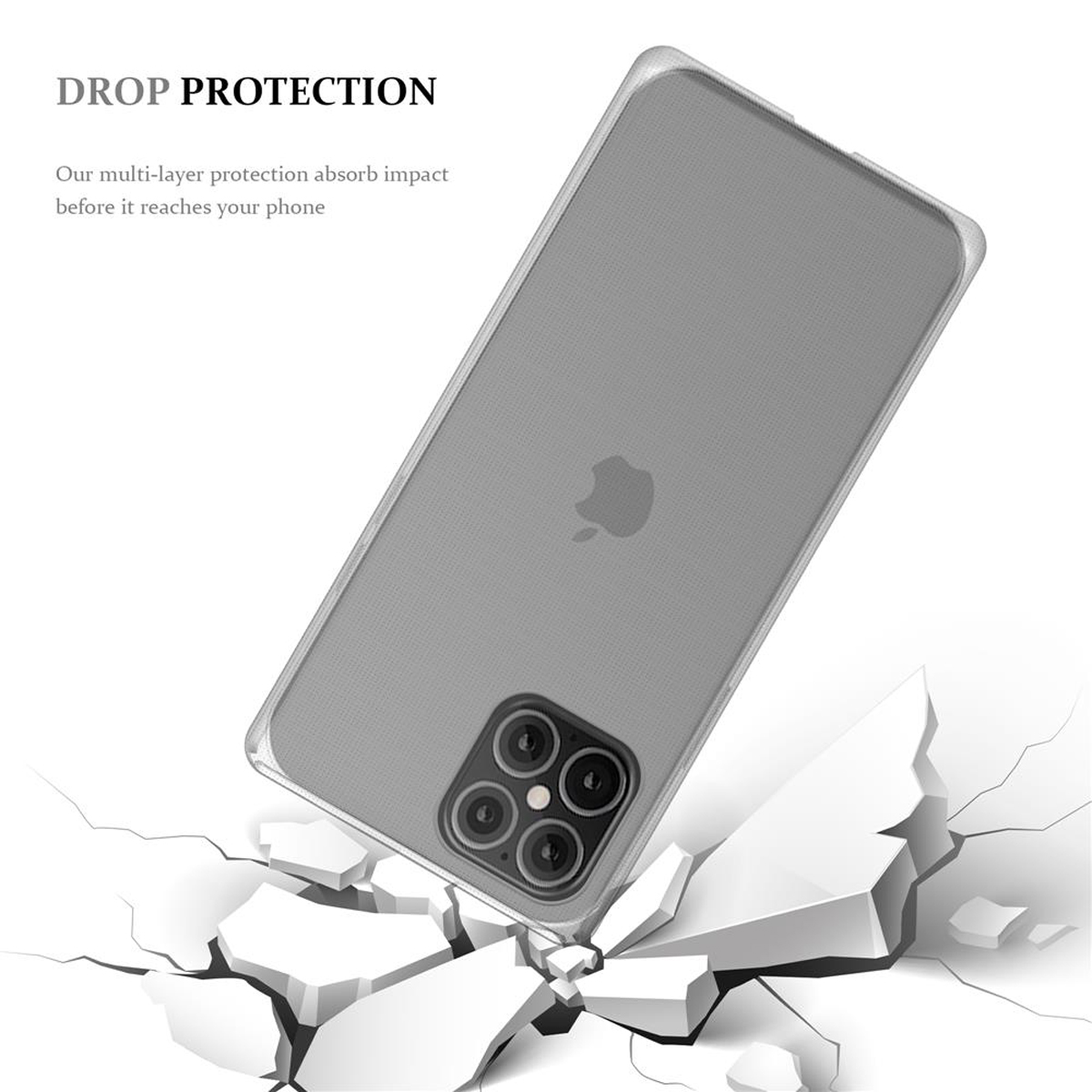 Eine transparente Handyhülle mit Apple-Logo, Rissbodeneffekt und einem anscheinend geschützten Telefon.