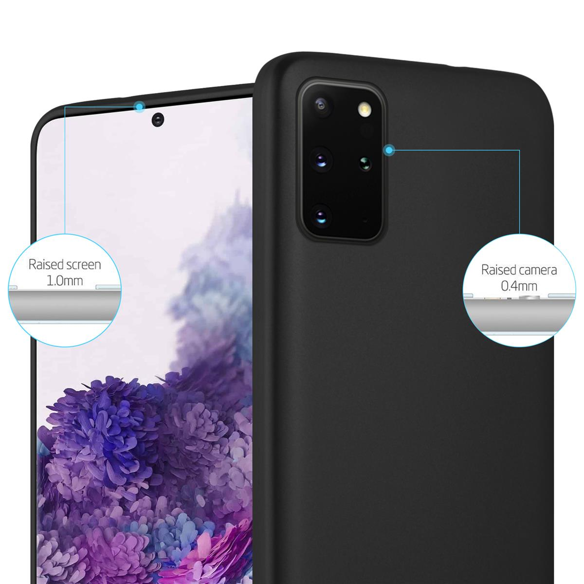 Una custodia nera per telefono con telefono, mostra la protezione per schermo e fotocamera.