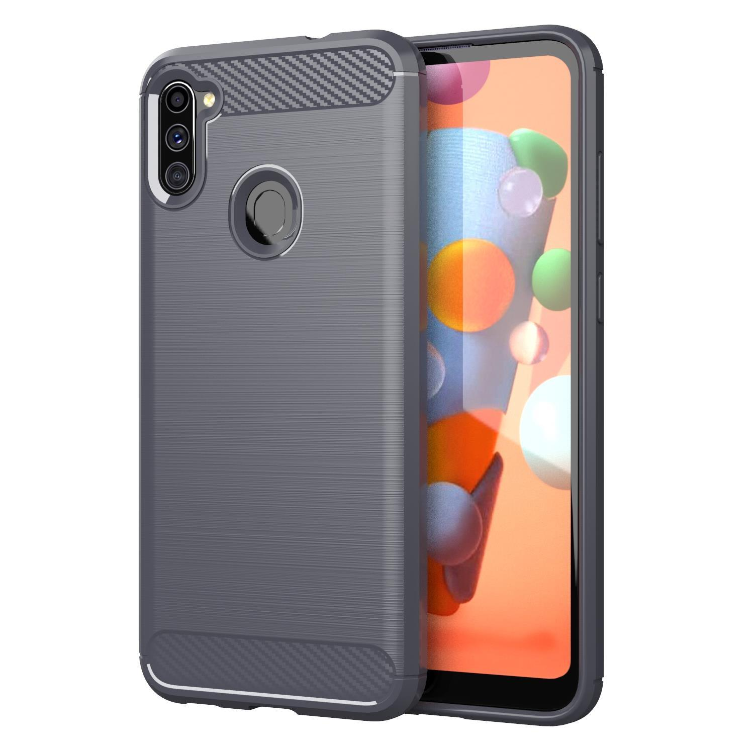 Vengono mostrati una custodia grigia per telefono e un telefono con schermo colorato. La custodia ha un design strutturato.