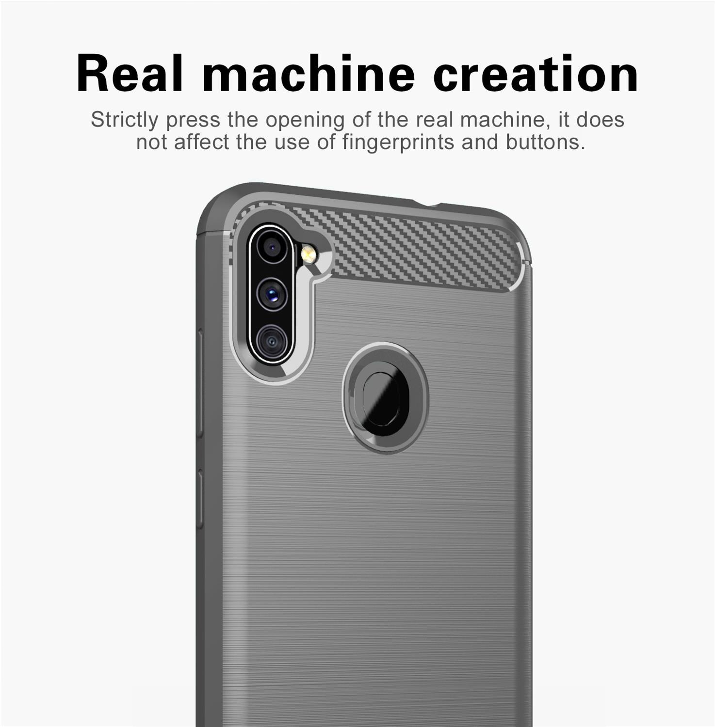 Custodia per telefono grigia, primo piano. Fotocamera e sensore di impronte digitali visibili.
