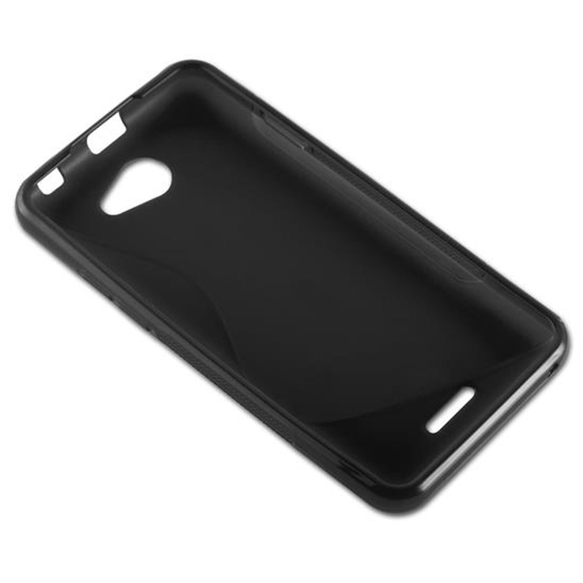 Una custodia nera per telefono con ritagli per fotocamera e pulsanti.