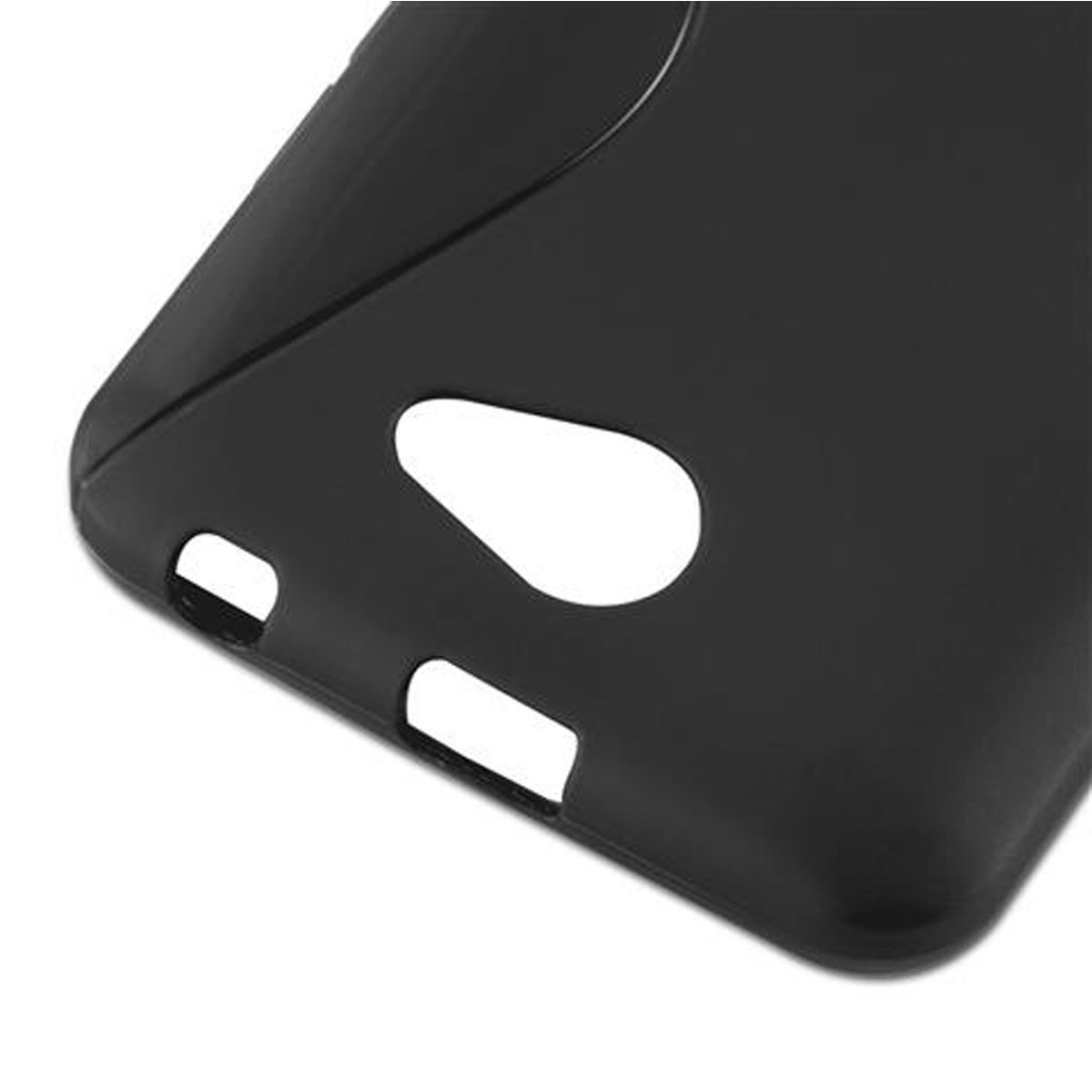 Una custodia per telefono nera con ritagli per porte e fotocamera.