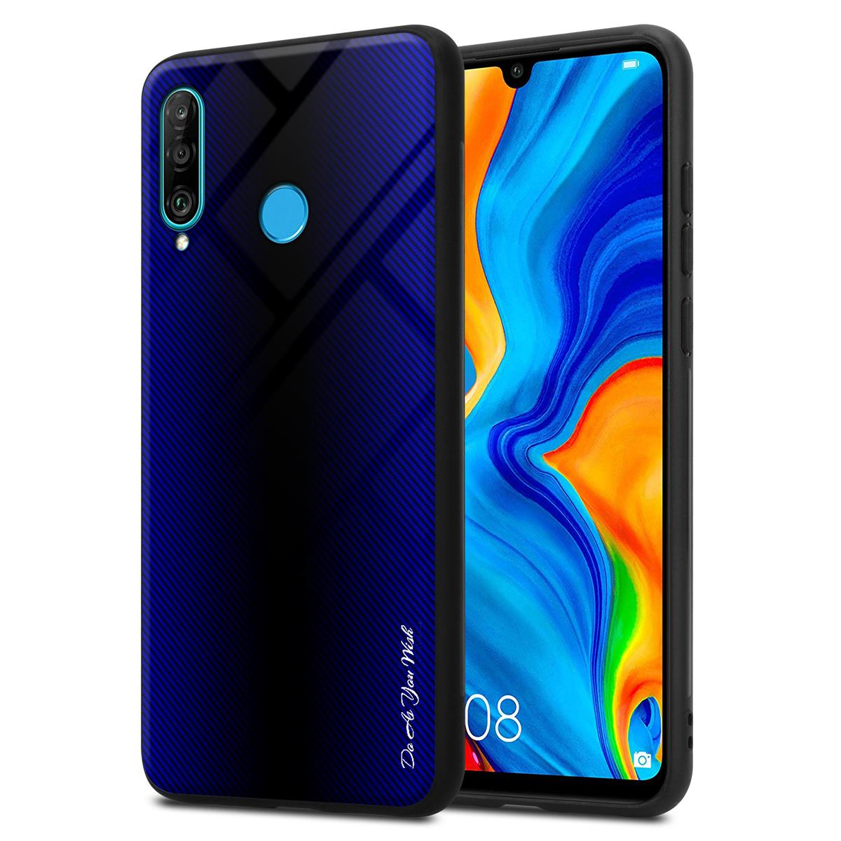 Ein Telefon und eine Hülle werden gezeigt. Die Hülle ist blau mit einem strukturierten Muster. Das Telefon ist an.