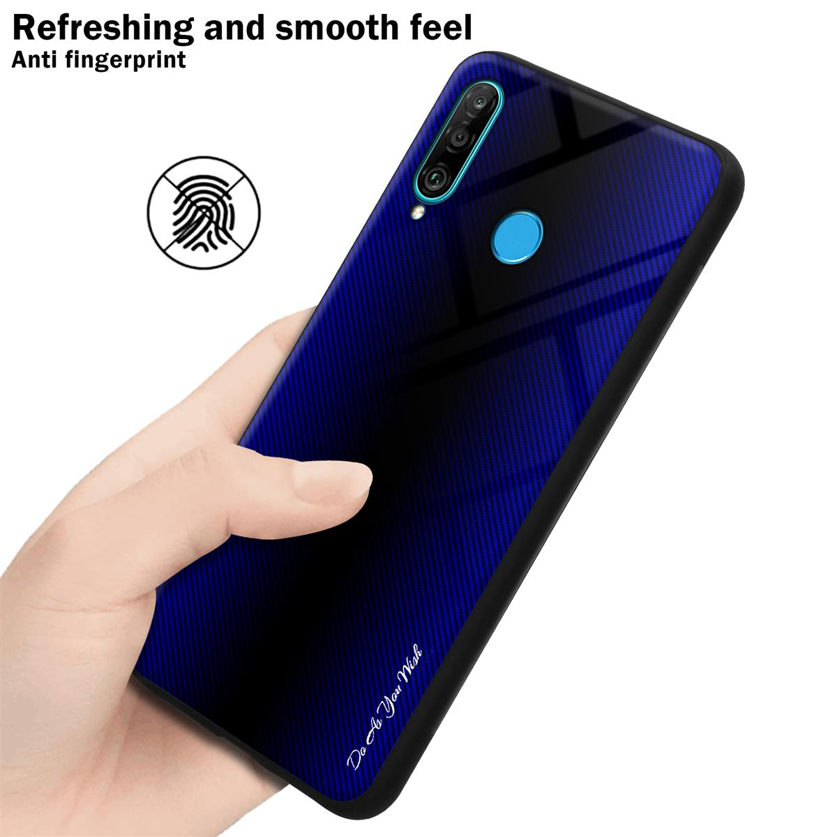 Eine blau-schwarze Smartphone-Hülle mit einem Fingerabdrucksymbol und dem Text: Erfrischendes und glattes Gefühl.