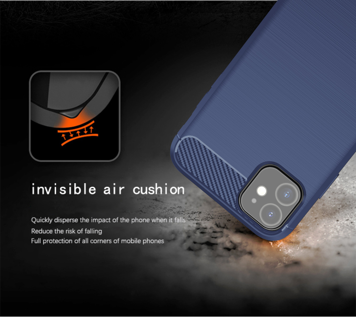 Una custodia per telefono blu con un design in fibra di carbonio. C'è del testo sulla protezione invisibile.