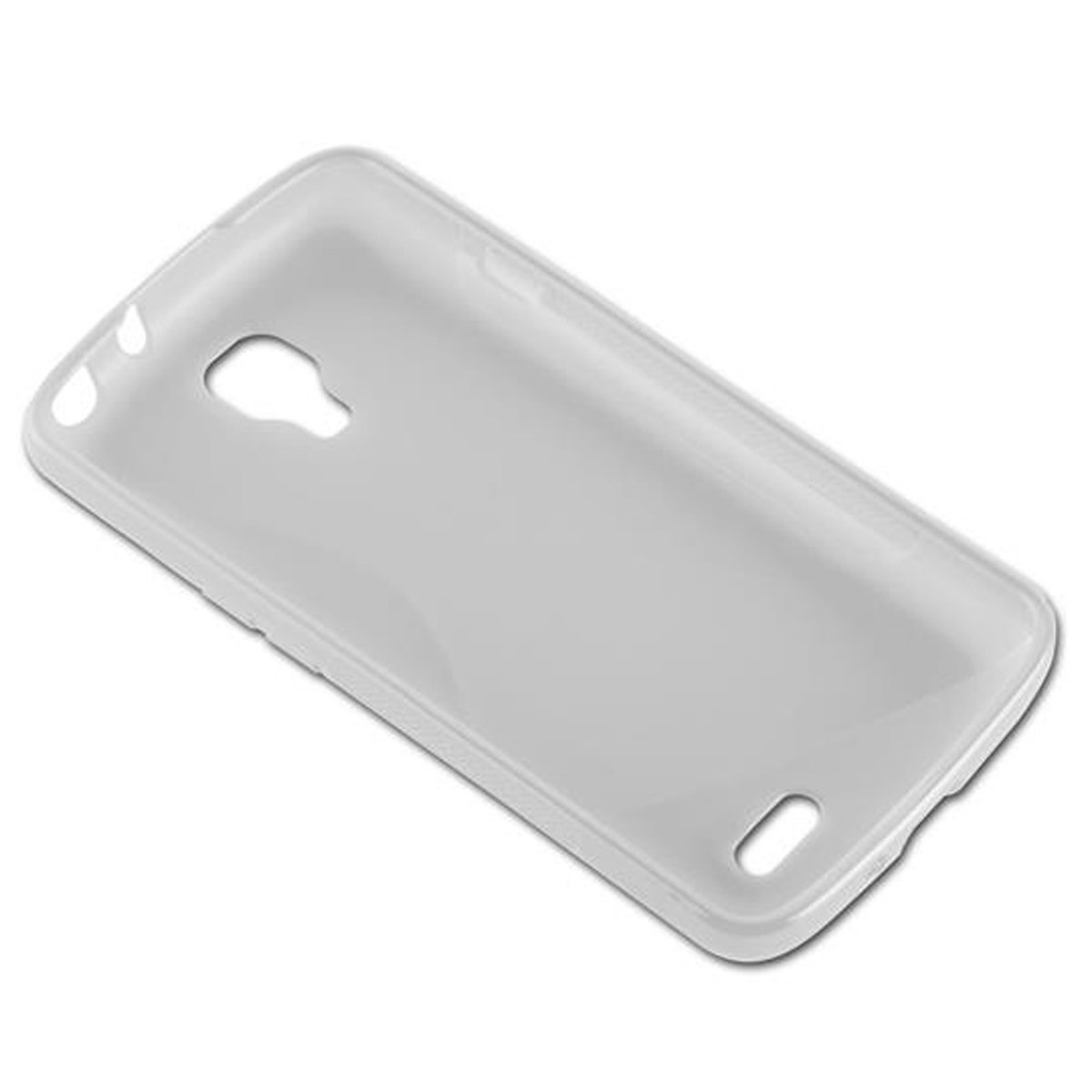 Une coque de téléphone blanche, simple et unie, sur fond blanc.