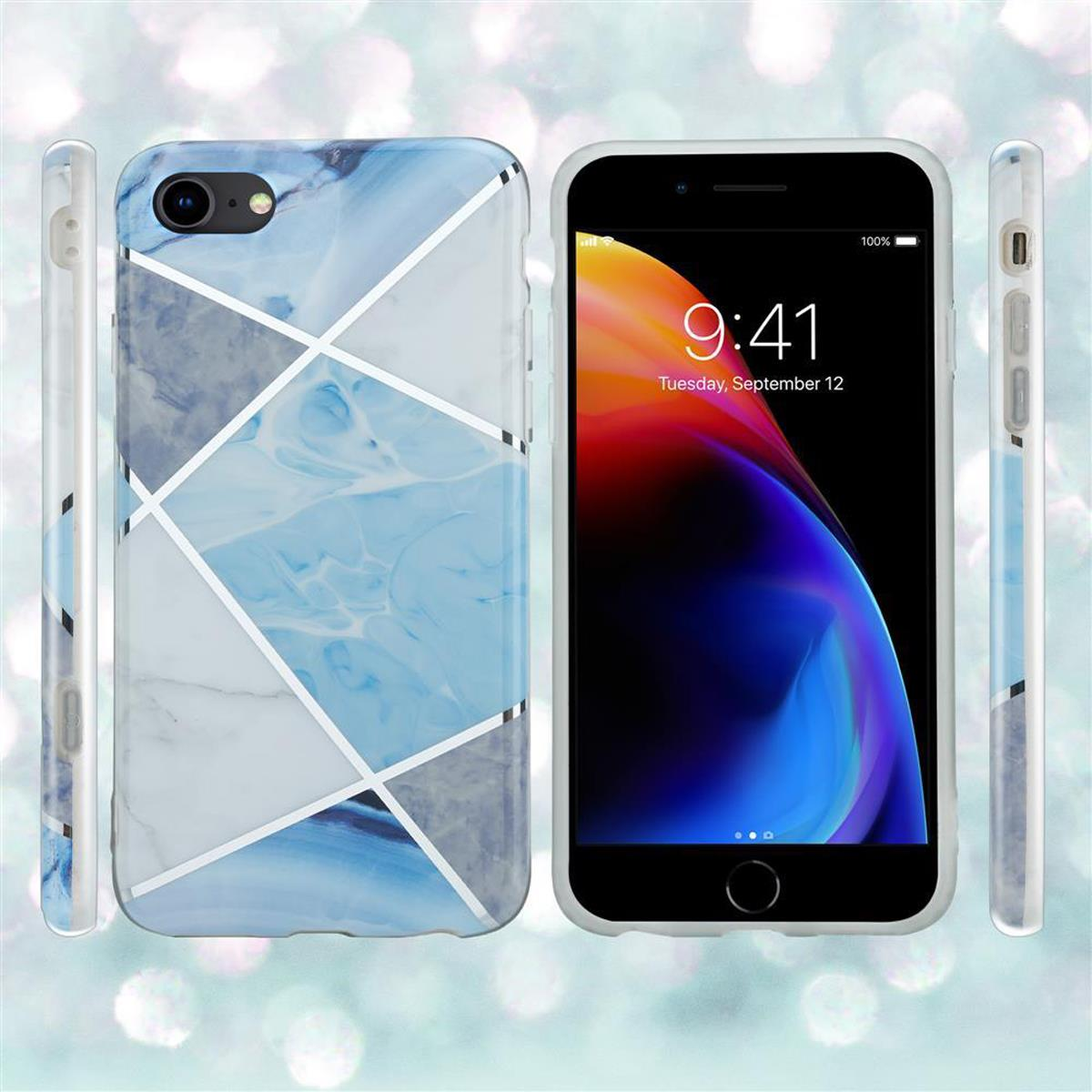 iPhone in una custodia con design marmorizzato, viste frontali e laterali, con sfondo sfocato.