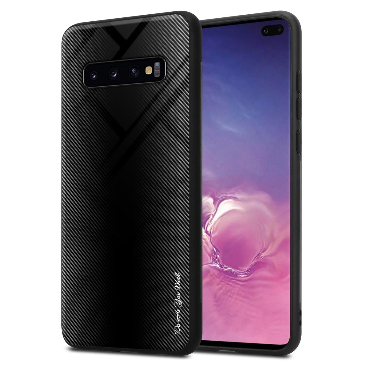 Custodia nera per telefono con texture in fibra di carbonio su un telefono nero. Il telefono ha una superficie lucida.