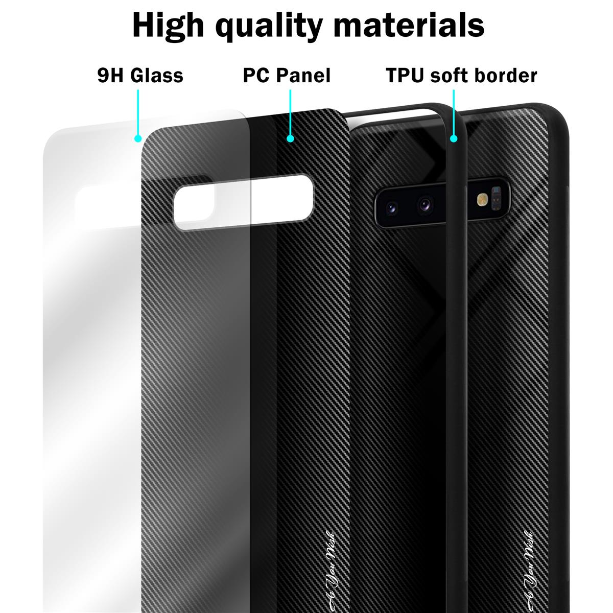 Una custodia per telefono con strati di materiali: vetro 9H, pannello in PC e bordo morbido in TPU.