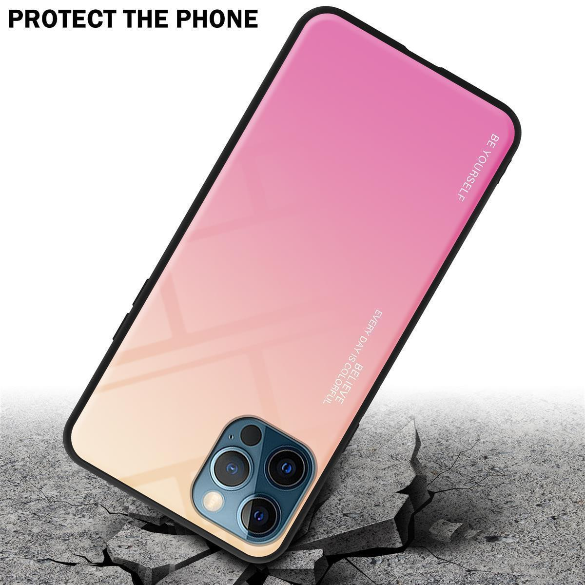 Telefon mit pink-gelber Gradientenhülle, darunter Rissboden, schwarzer Rand, mehrere Kameras.
