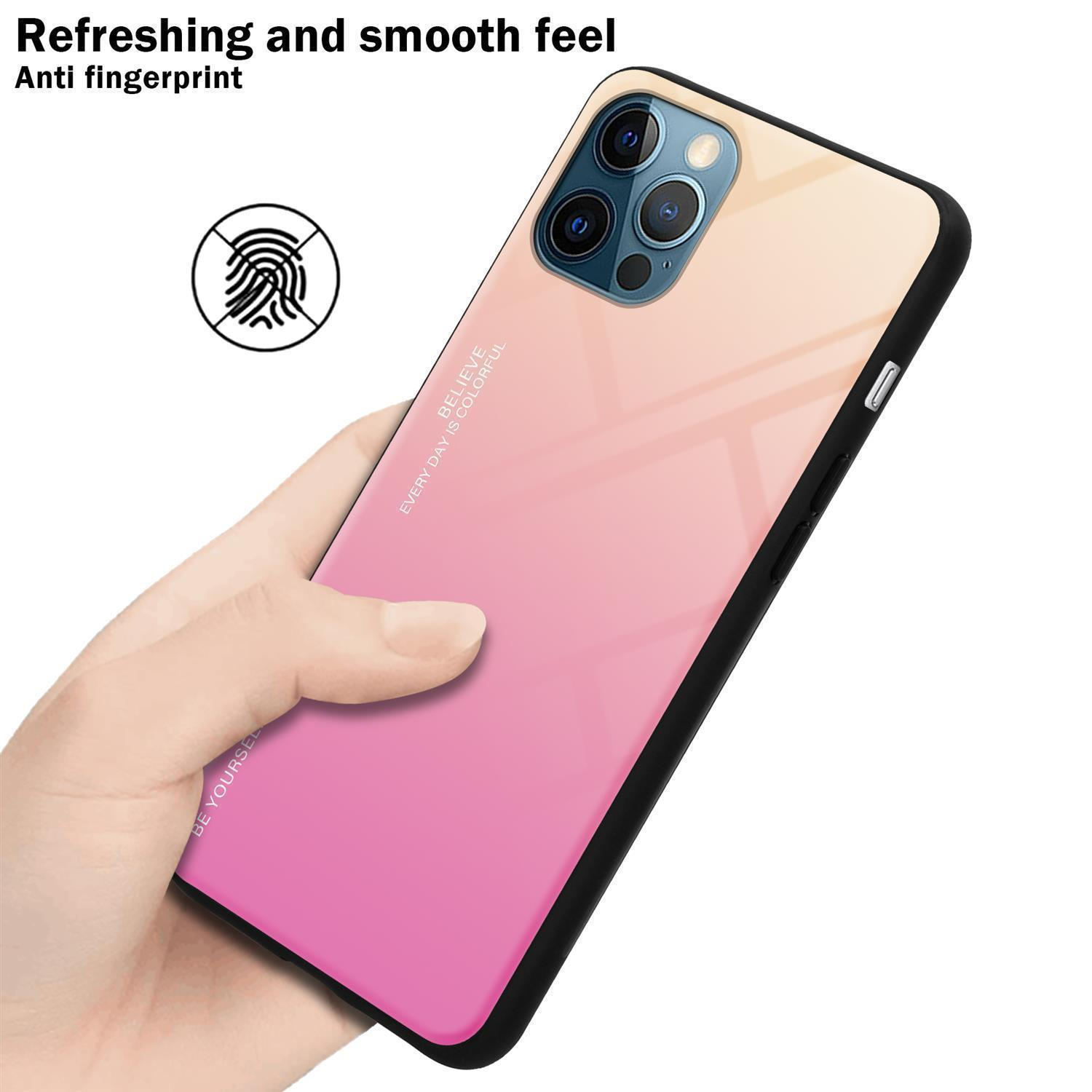 Telefon mit rosa und gelbem Farbverlauf-Case. Eine Hand hält das Telefon. Anti-Fingerabdruck.