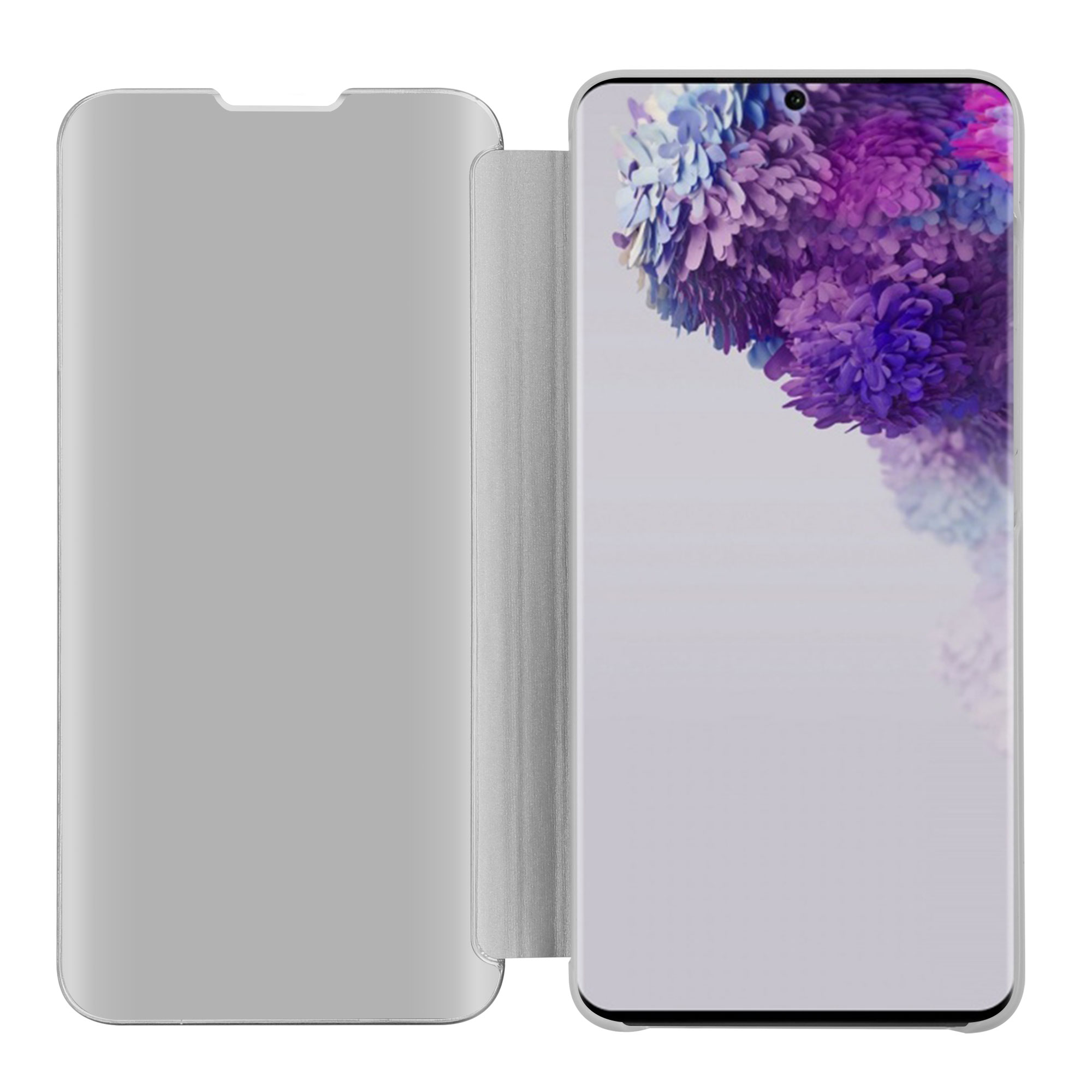 Custodia per telefono argentata aperta con il telefono all'interno. Lo schermo del telefono mostra uno sfondo di fiori viola. Sfondo bianco.