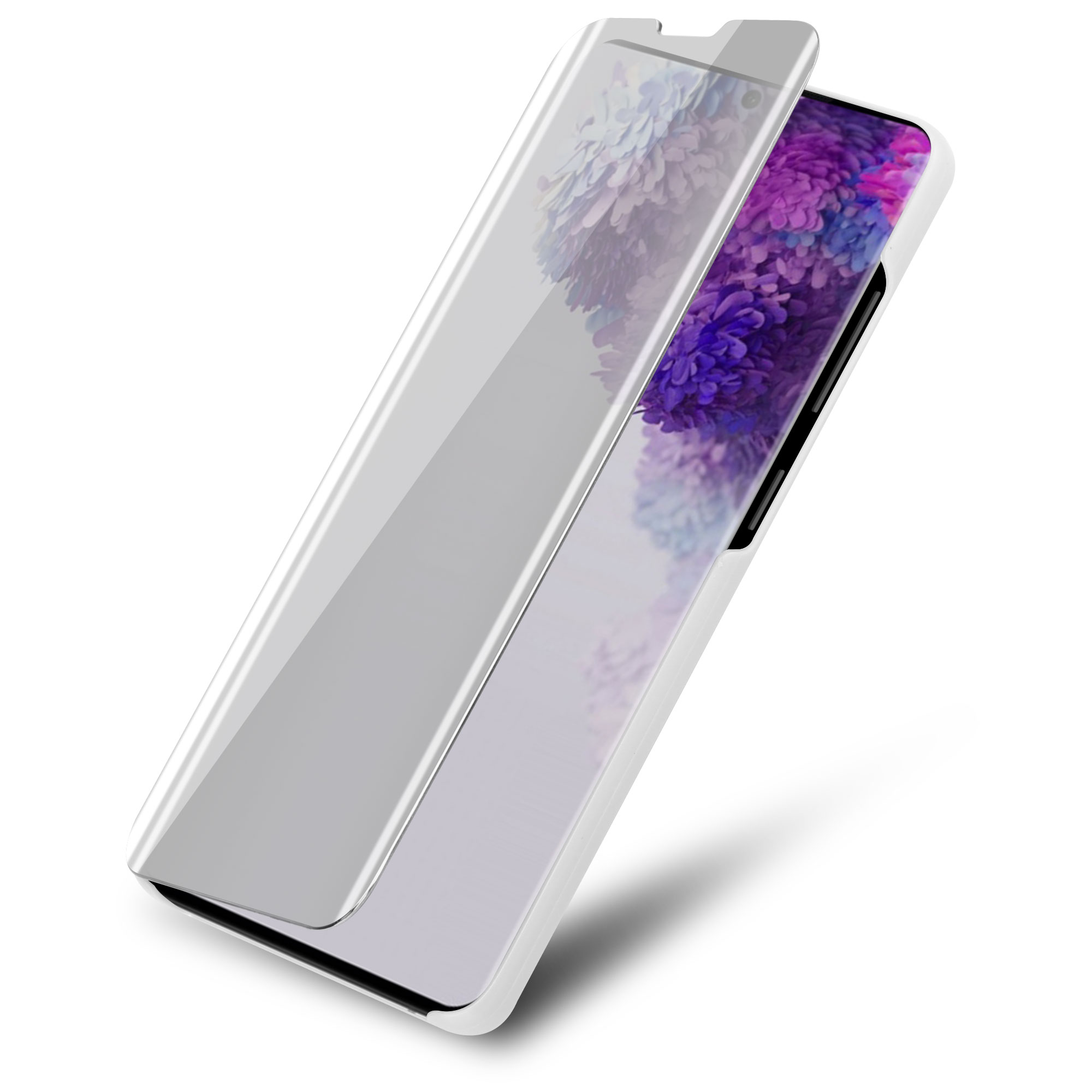 Una custodia per telefono argentata con una cover trasparente aperta, che rivela il telefono sottostante.
