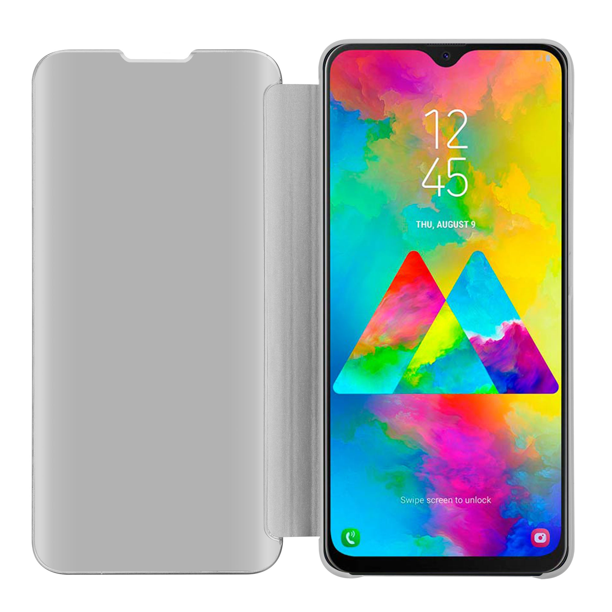 Custodia per telefono con cover a ribalta. Lo schermo mostra un'immagine colorata. La data è il 9 agosto.