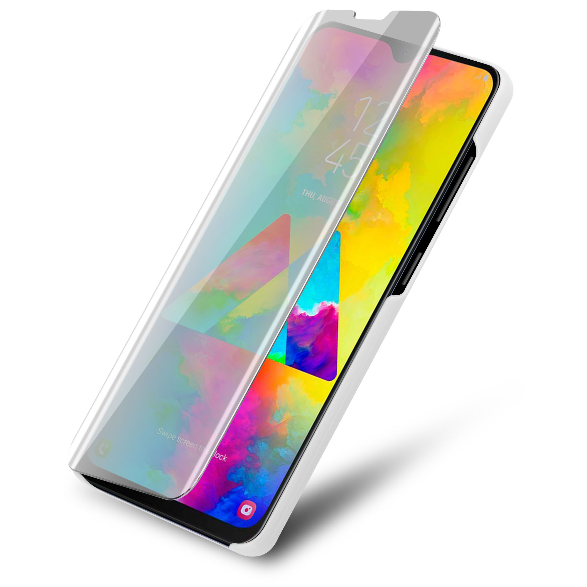 Custodia bianca per telefono con copertura trasparente, sopra un telefono con schermo colorato.
