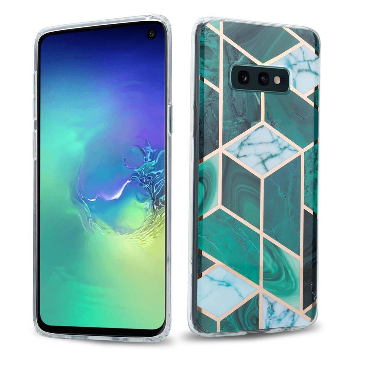 Sono mostrati due telefoni con custodie. Uno mostra un motivo a marmo verde, l'altro lo schermo del telefono.