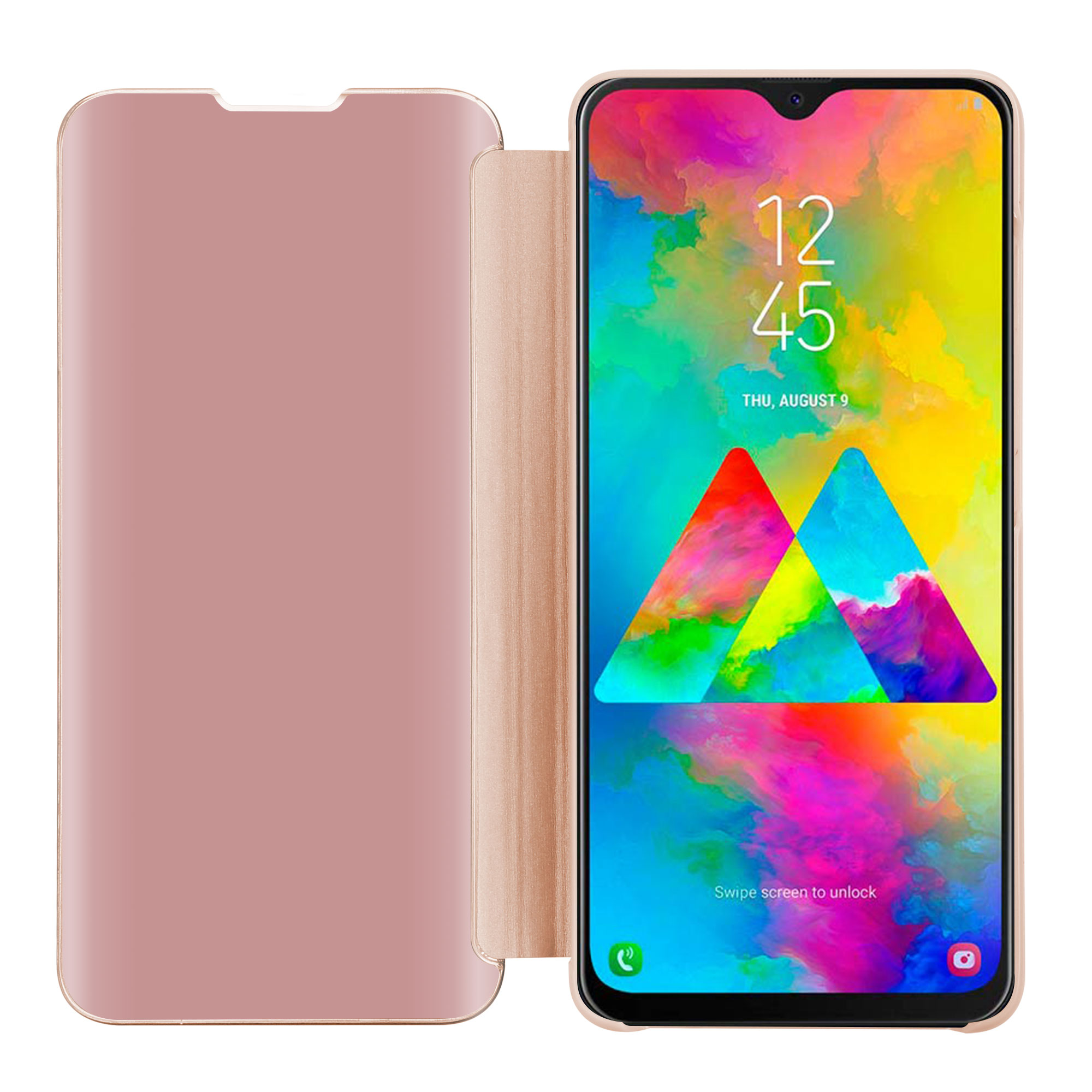 Una custodia per telefono rosa aperta. Lo schermo mostra forme astratte colorate e la data.
