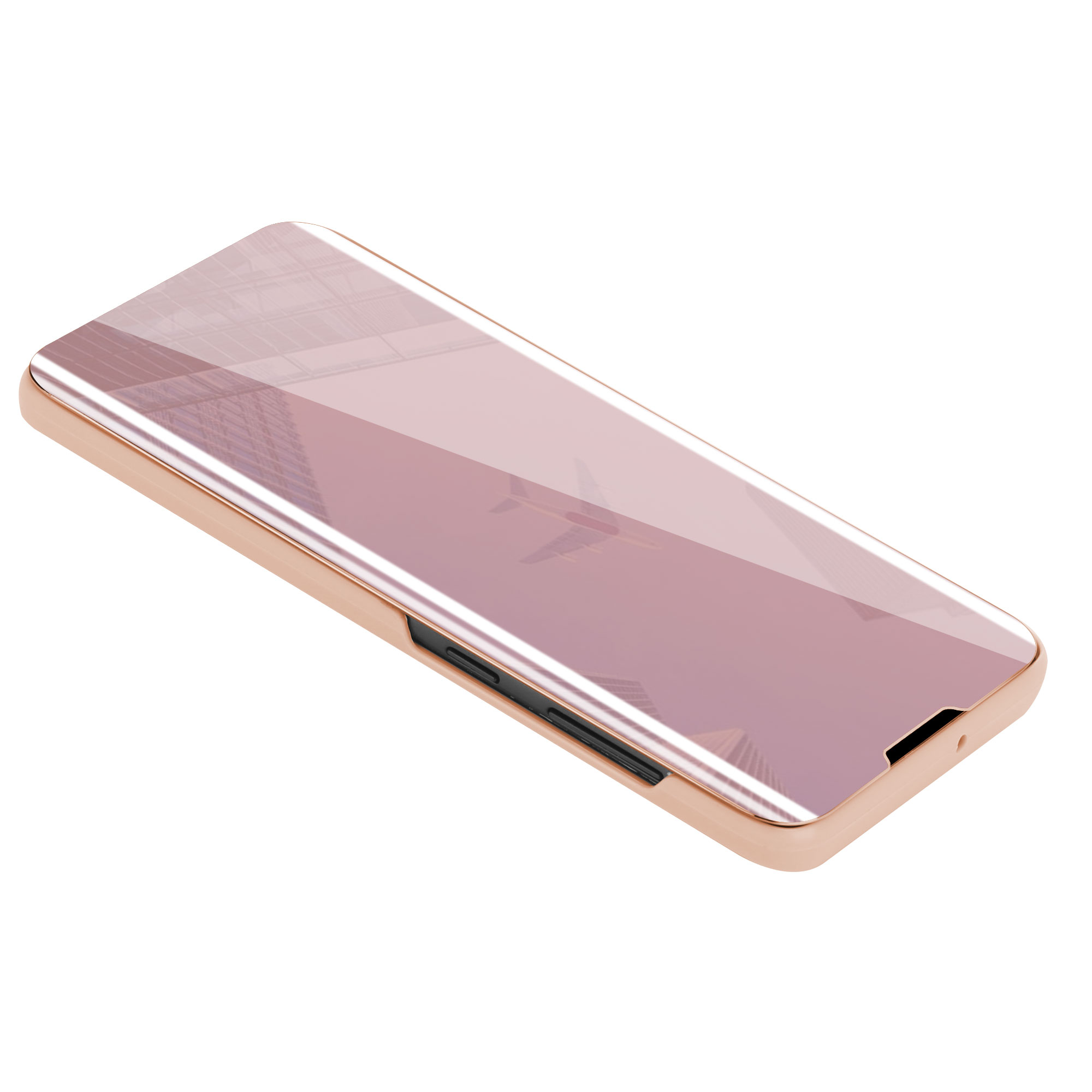 Custodia con telefono. Oro rosa, sfondo bianco.