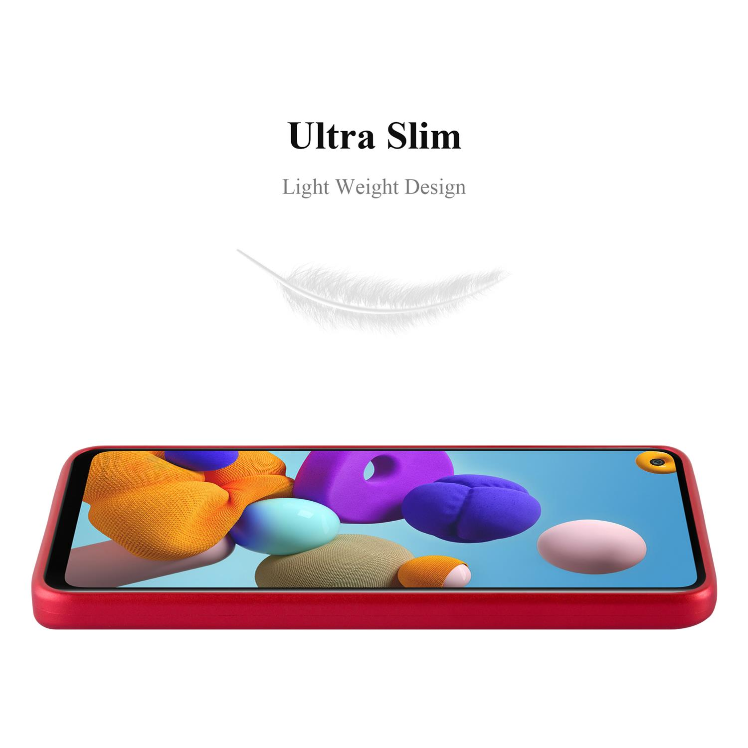 Una custodia per telefono rossa con forme colorate sullo schermo è posta davanti a uno sfondo bianco. Una piuma bianca.
