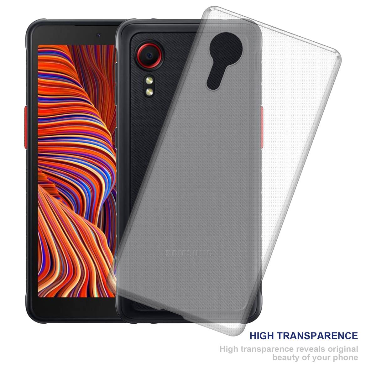 Un telefono nero con una custodia trasparente sovrapposta. Il telefono è nero con un'area fotocamera rossa.