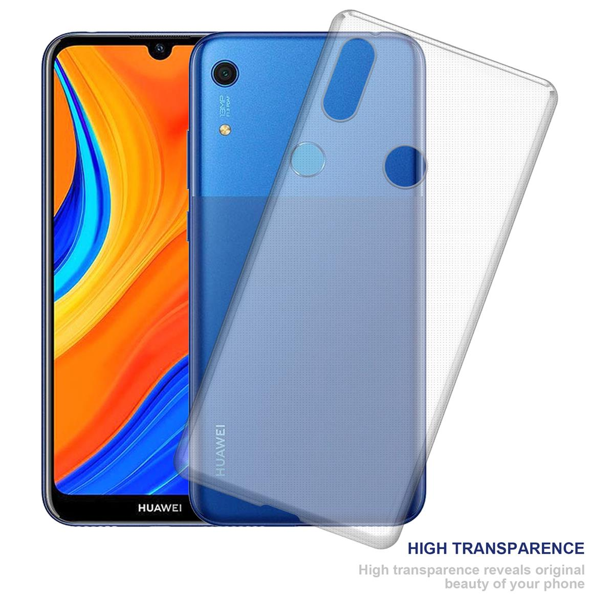 Telefono blu con custodia trasparente. La custodia trasparente è separata. Sfondo bianco.