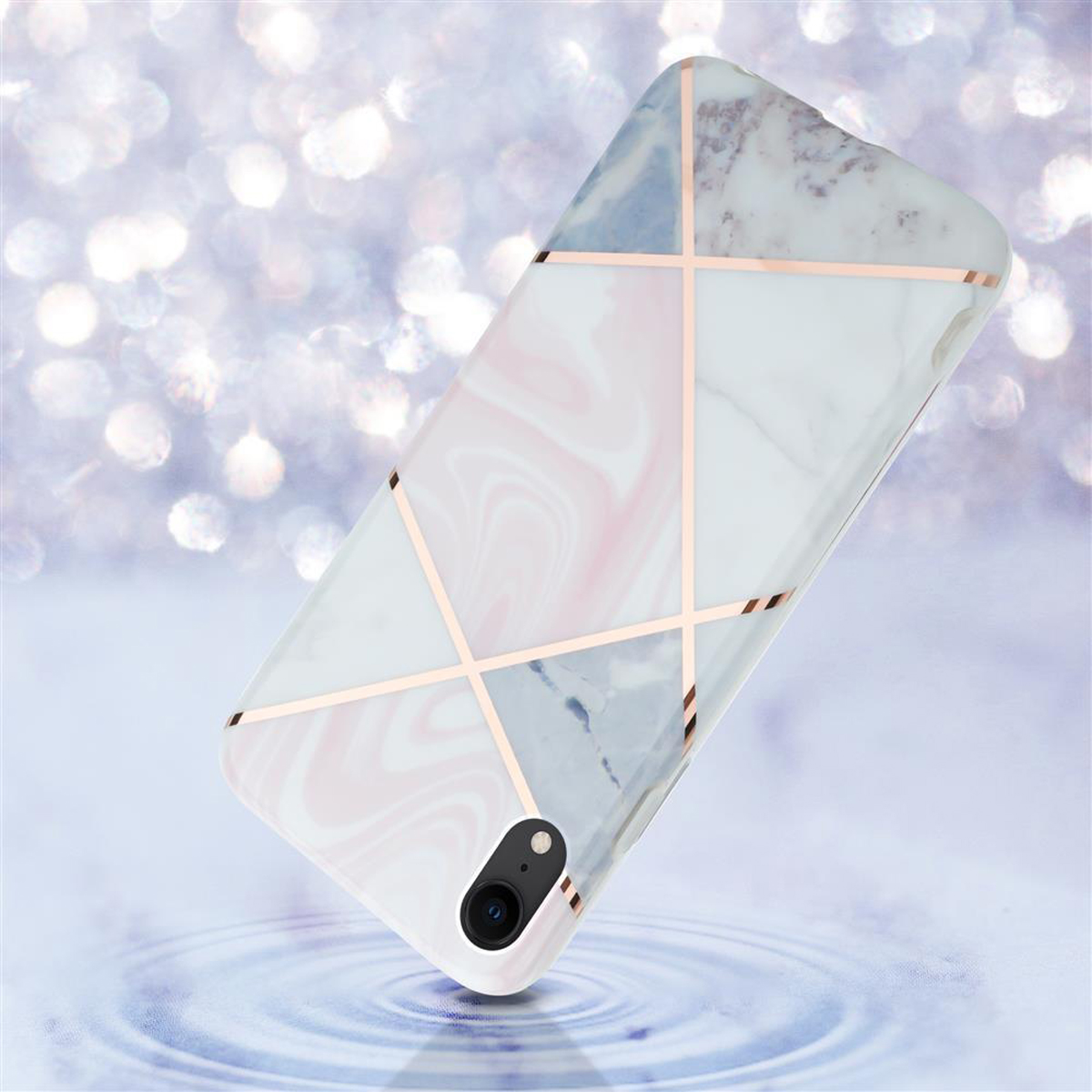Custodia per telefono con un design marmorizzato, con accenti rosa, blu e oro.