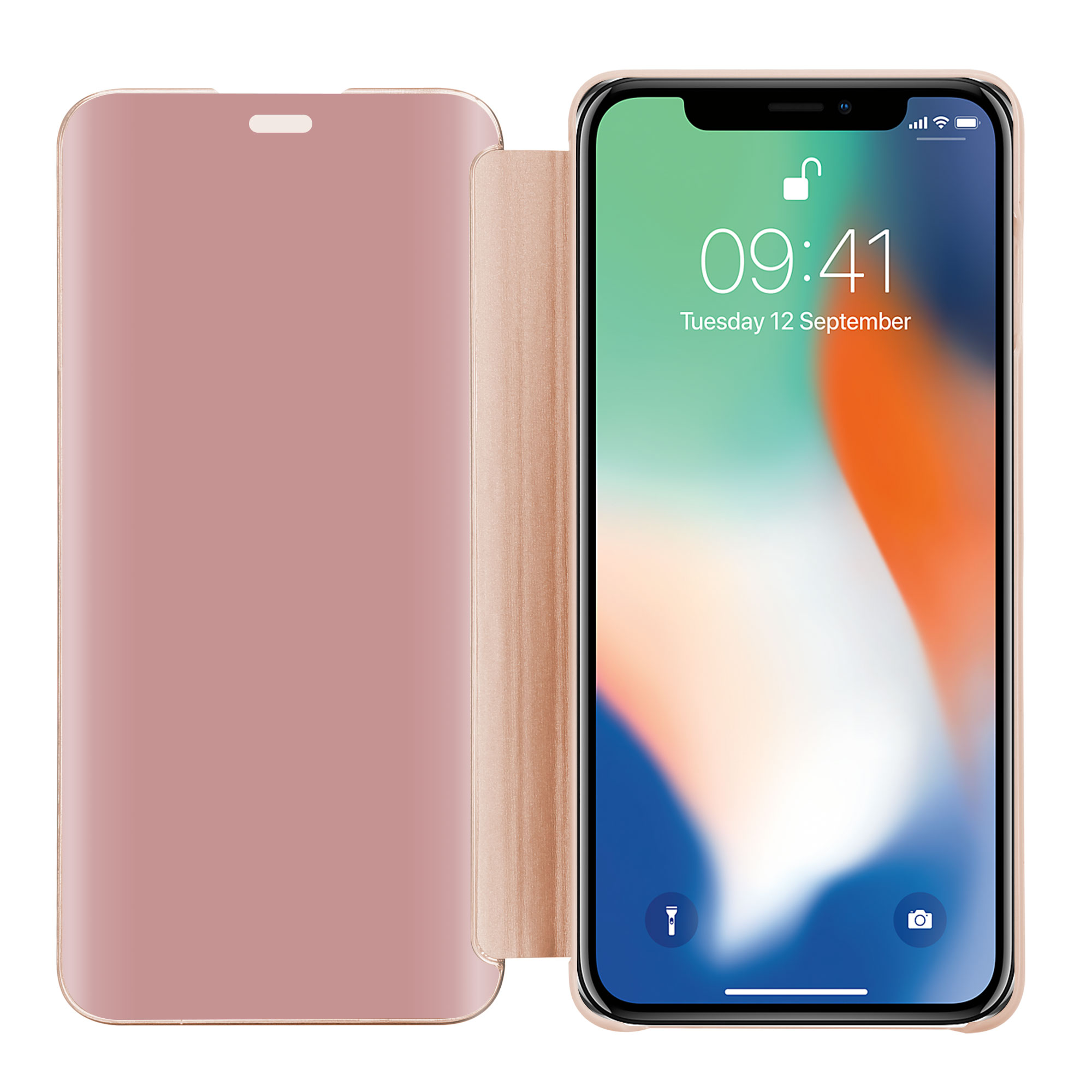 Una custodia per telefono rosa. È aperta, rivelando lo schermo del telefono che mostra la data e l'ora. Sfondo bianco.