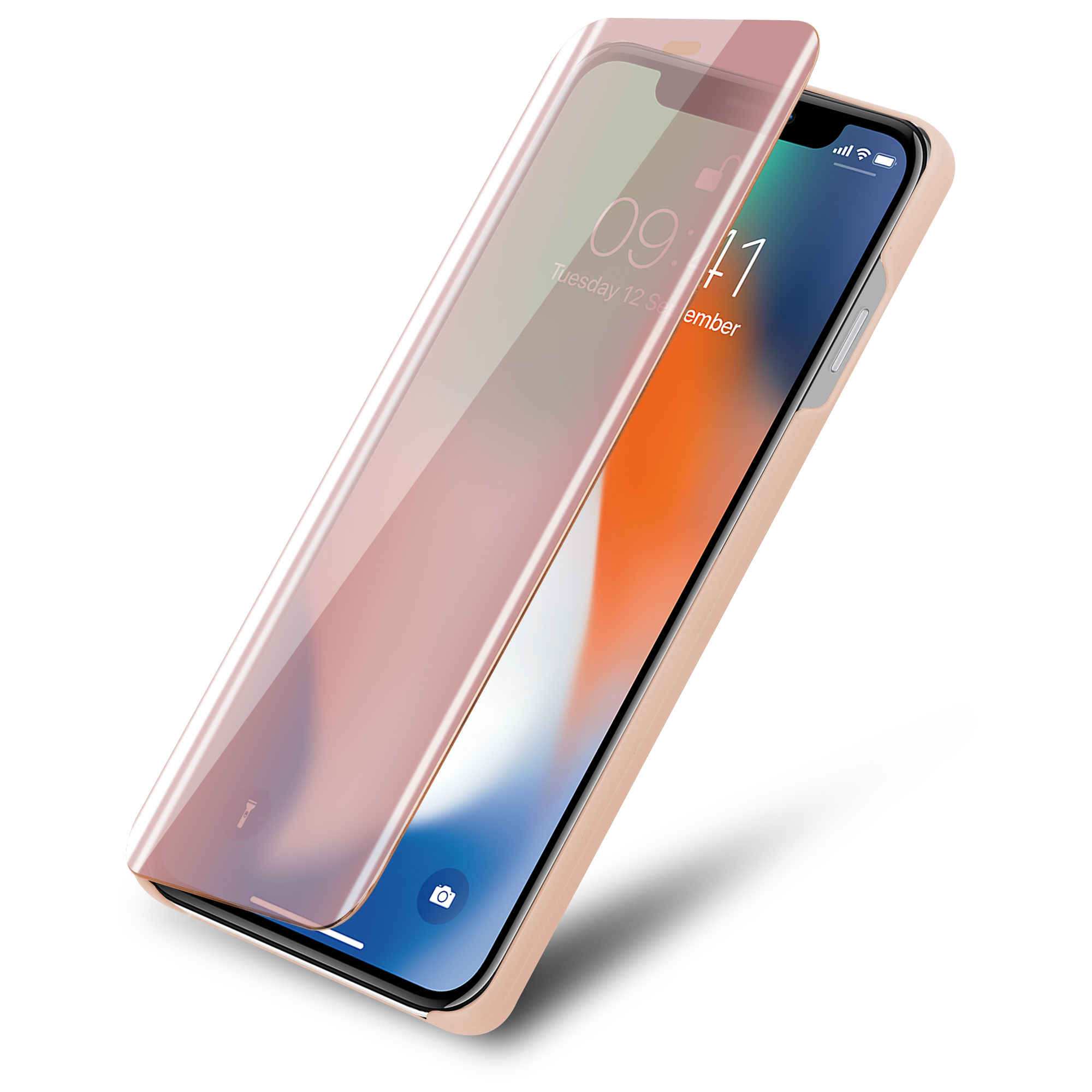 Un telefono con la cover a libro aperta. Lo schermo mostra l'ora e la data.