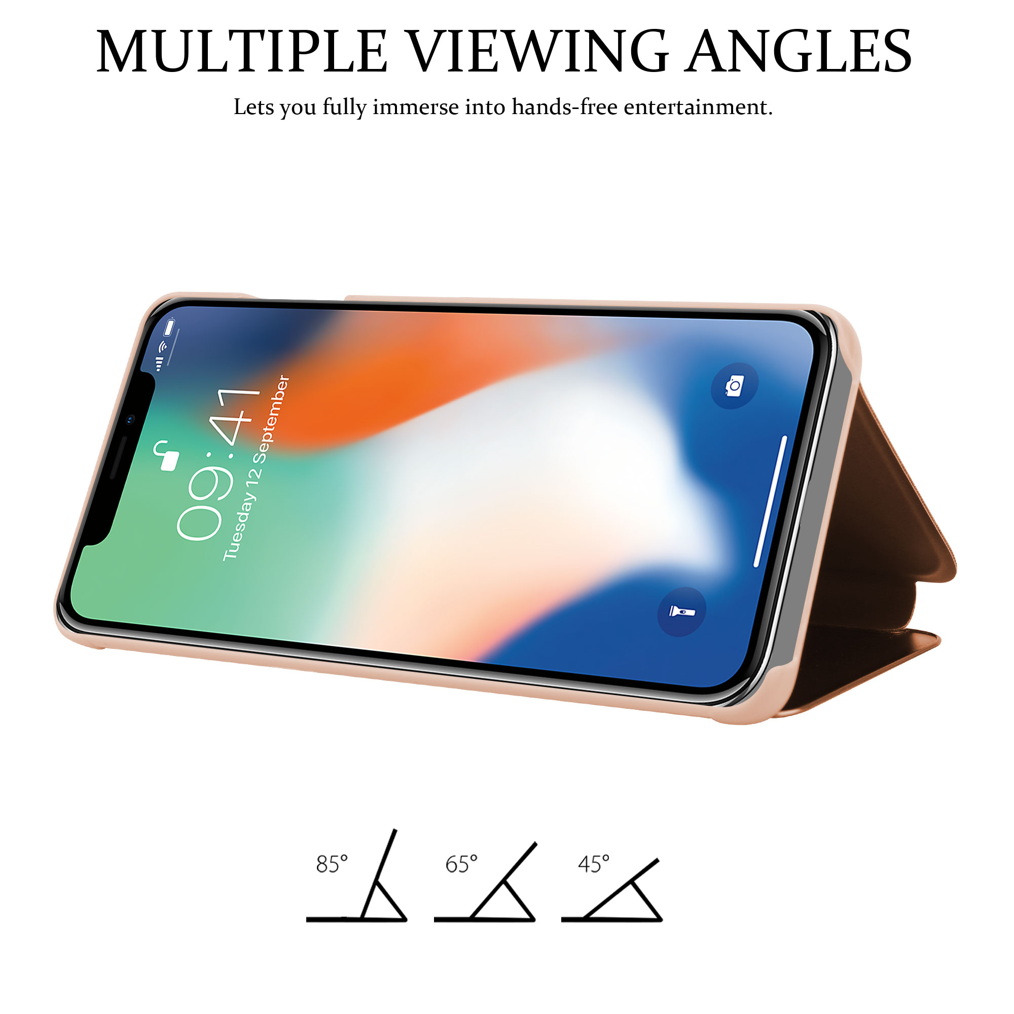 Smartphone in una custodia, angolato per mostrare più angolazioni di visione. Lo schermo mostra data e ora.
