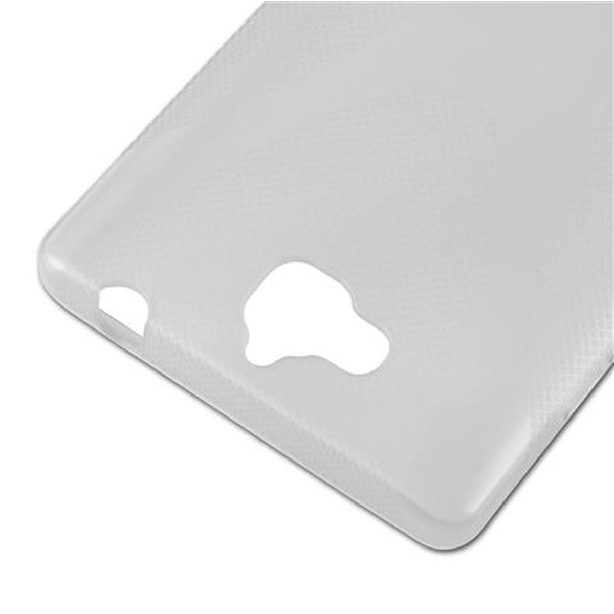 Funda de teléfono blanca. Tiene un recorte para la cámara y un patrón texturizado en la parte trasera.