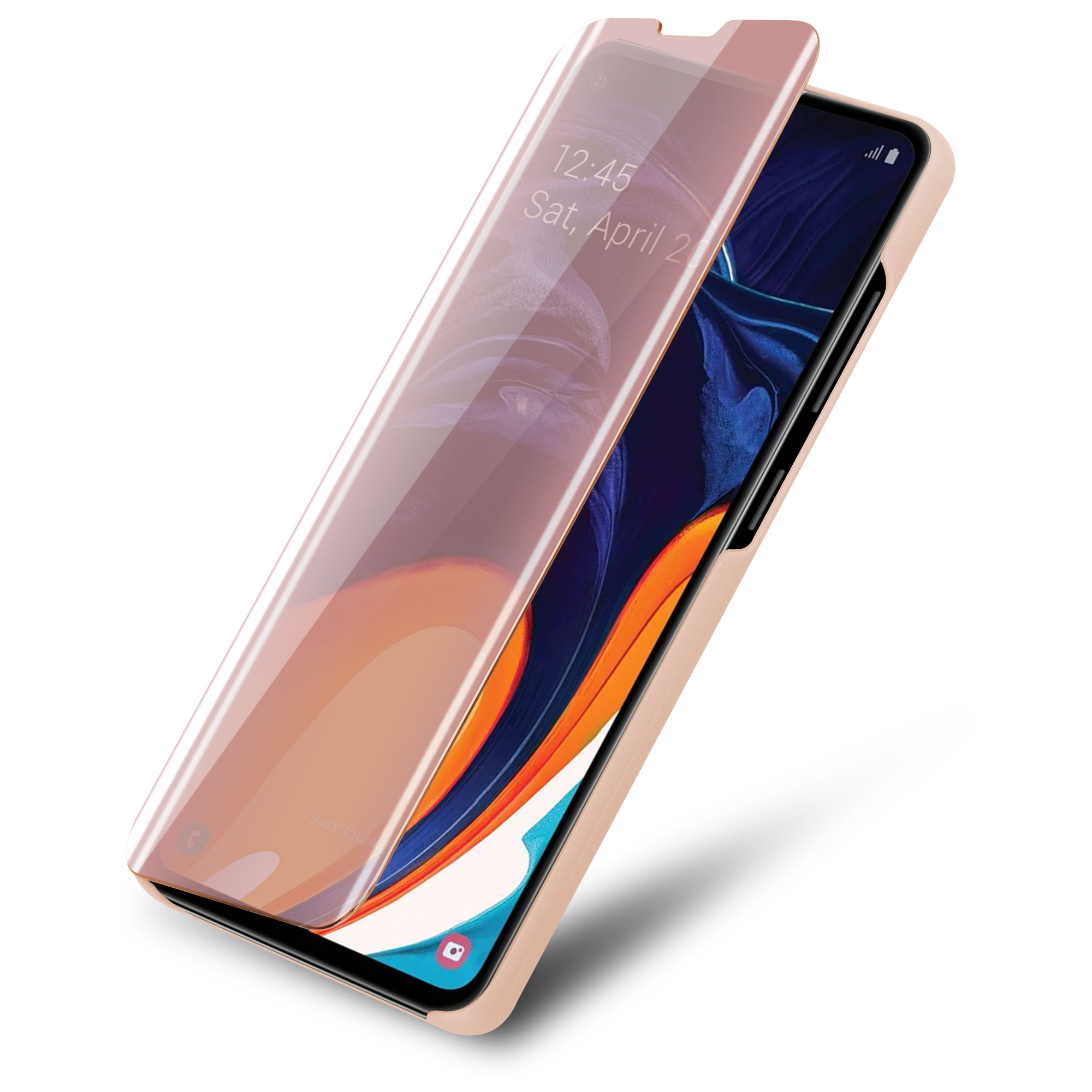 Telefon mit rosafarbenem Gehäuse offen. Bildschirm zeigt die Uhrzeit. Weißer Hintergrund.