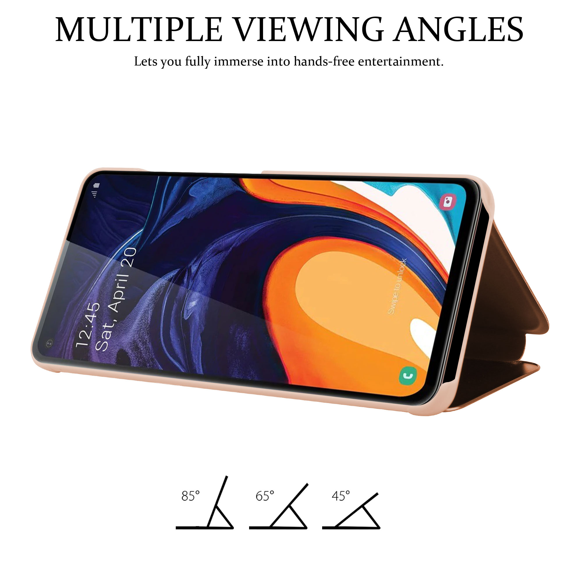 Telefon in einem Gehäuse in einem abgewinkelten Position. Es hat ein Display, das orange und weiße Farben zeigt.