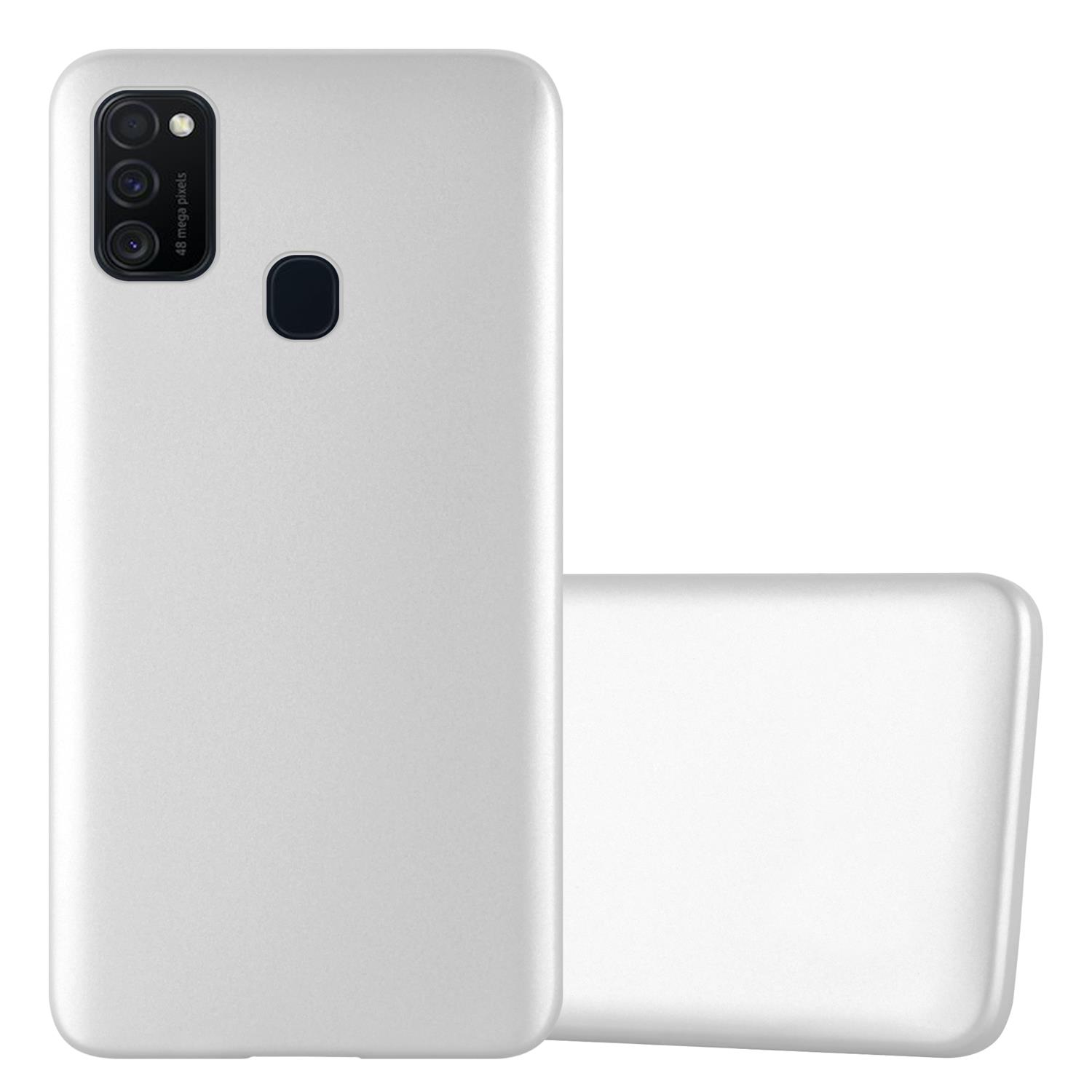 Dos fundas de teléfono gris claro. Una muestra la parte trasera del teléfono con el recorte de la cámara.