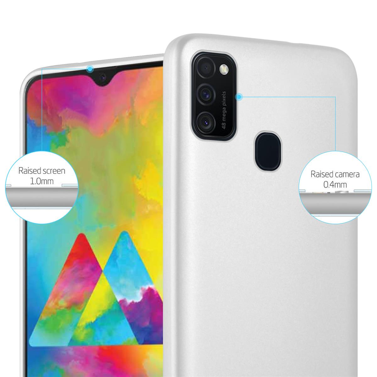 Funda blanca con teléfono blanco, mostrando pantalla y cámara elevadas.